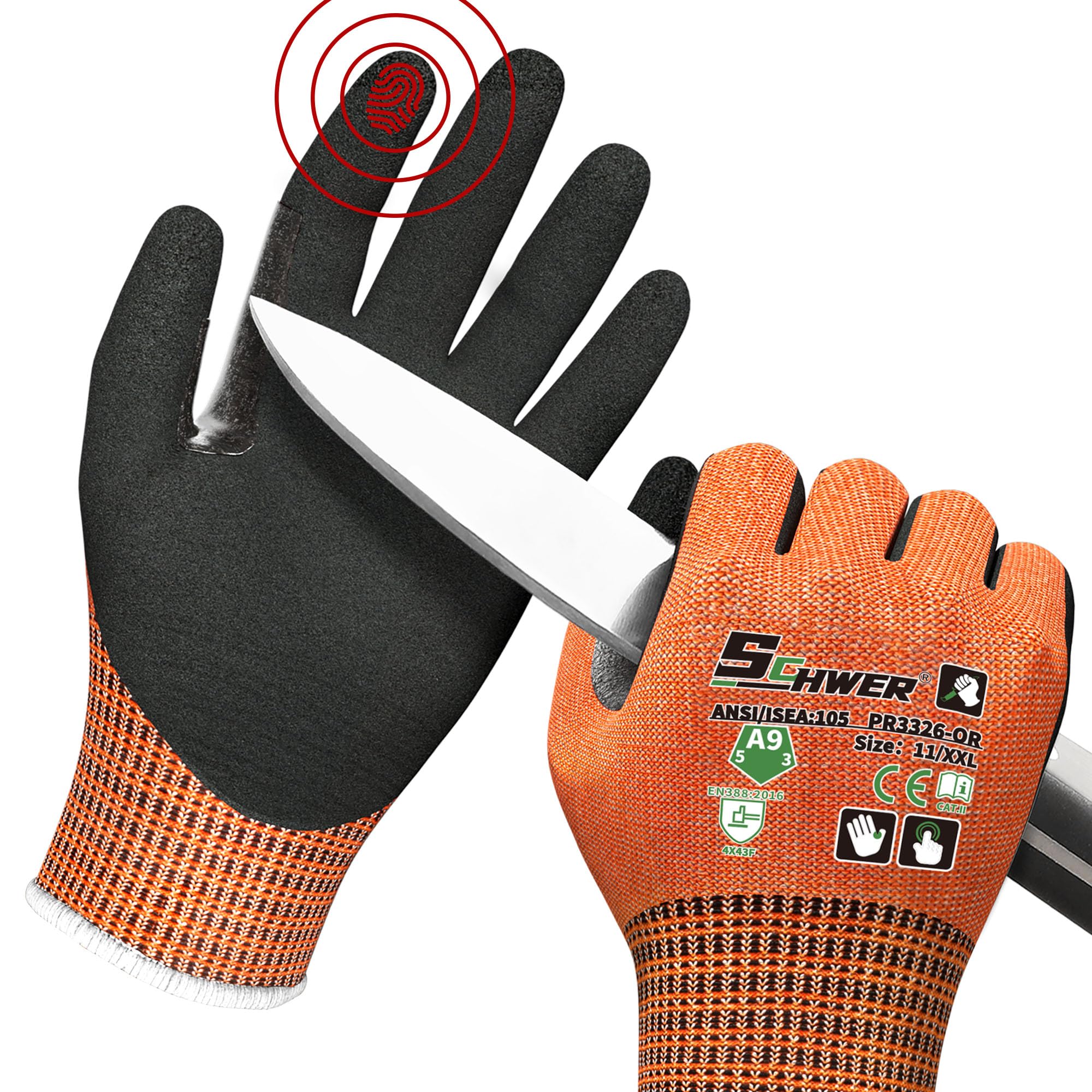 Schwer ProGuard High Level Cut Resistant Work Gloves PR3326 for Extreme Protection，ANSI A9 Cut Gloves with Reinforced Thumb, Non Slip, Durable, Touch-screen, Orange 1 Pair(XXL)