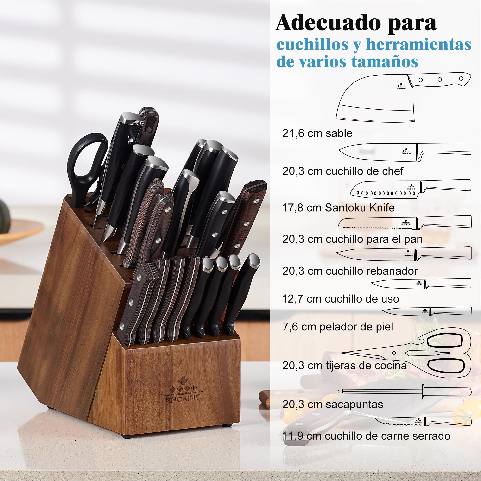 ENOKING Soporte Cuchillos Cocina, Porta Cuchillos Cocina de Acacia con 25 Ranuras Para Mostrador de Cocina, Soporte Cuchillos Para cuchillos y Tijeras para Aves/Acero Para Afilar