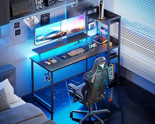 Miniatura 2 de ODK Escritorio reversible para juegos con tomas de corriente y puerto de carga USB, escritorio para computadora de 48 pulgadas con estantes de