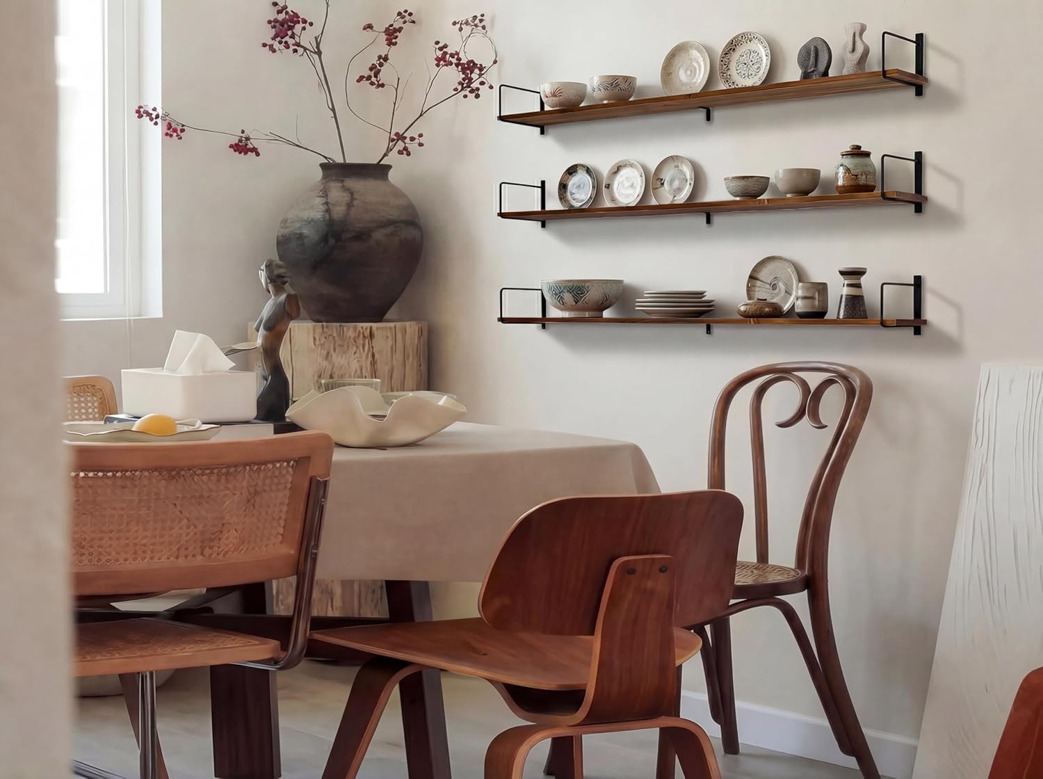 Solid Wood Floating Shelves for Wall with Metal Brackets,3 Tier Pinewood Wall Shelf,Suitable for Multiple Places Such As Bedrooms,Kitchens,and Living Rooms(Walnut Finish)