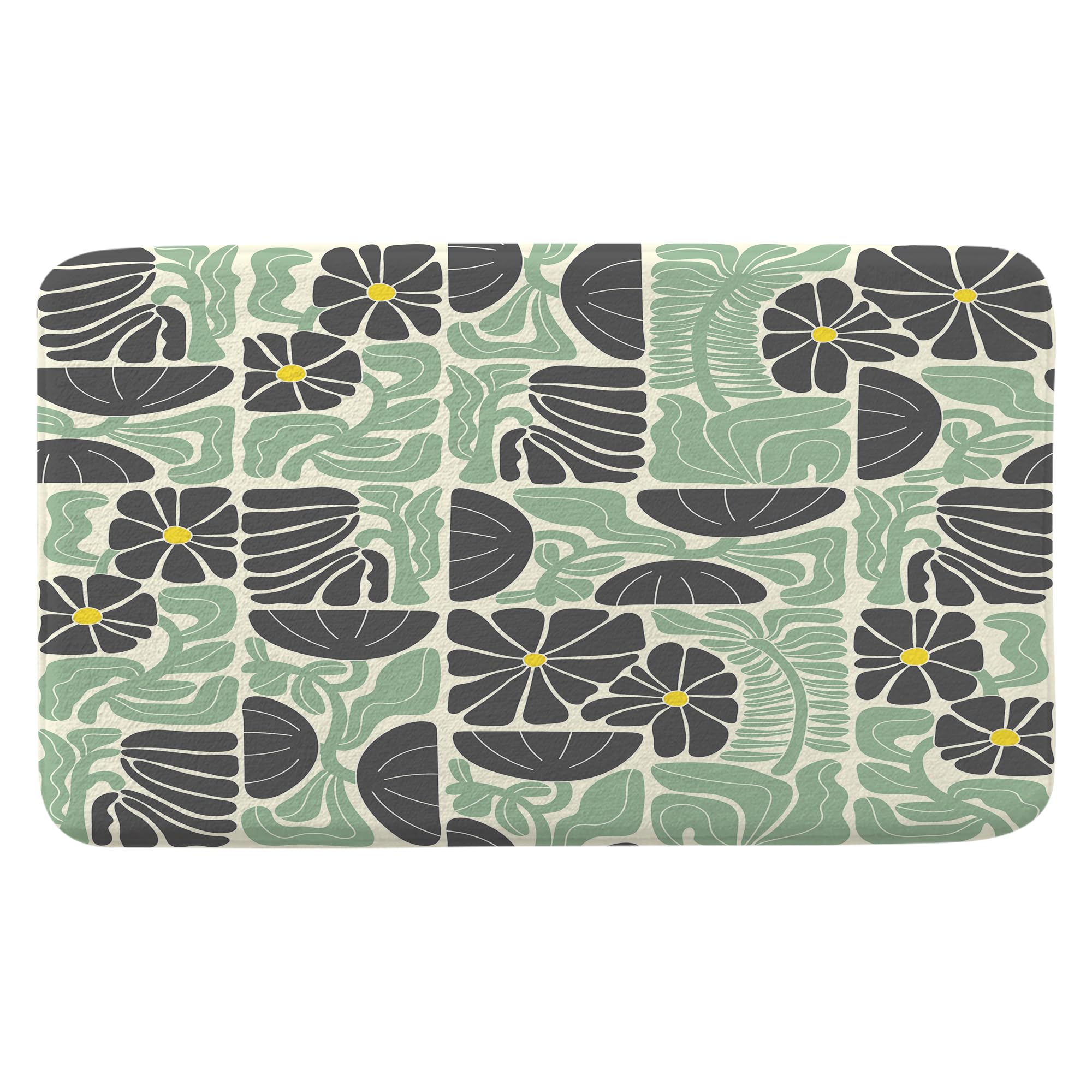 DeeCabin Boho Abstract Colorful Floral Bathroom Rugs, Vintage Retro Patchwork Matisse Green Flower Botanical Geometric Aesthetic Groovy Bath Mats for