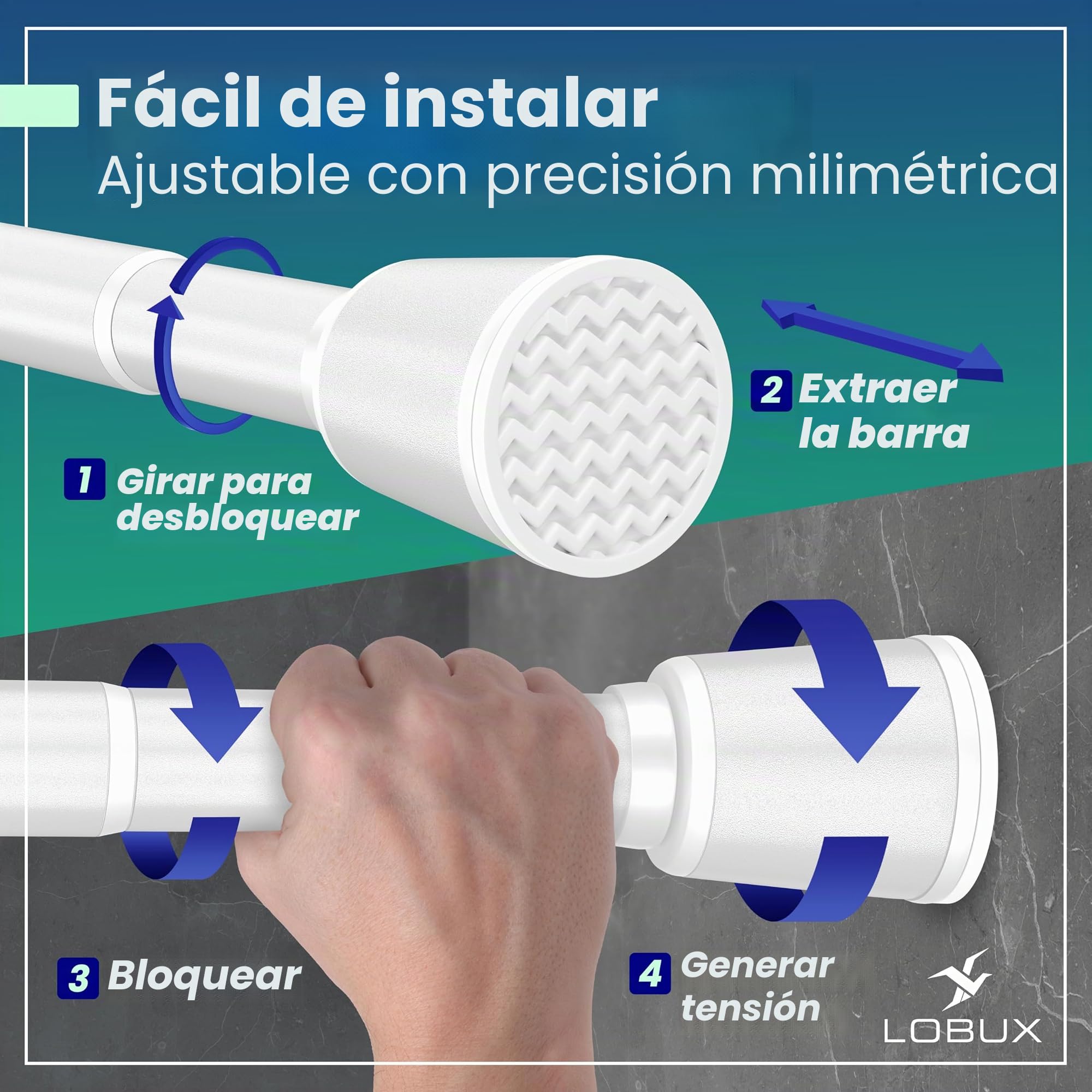 LOBUX - Barra de cortina sin taladrar [blanco, 260-350 cm] – Barra telescópica extensible – Barra de ducha sin taladrar – Barra de cortina de ducha, barra de cortina, barra de cortina, barra para