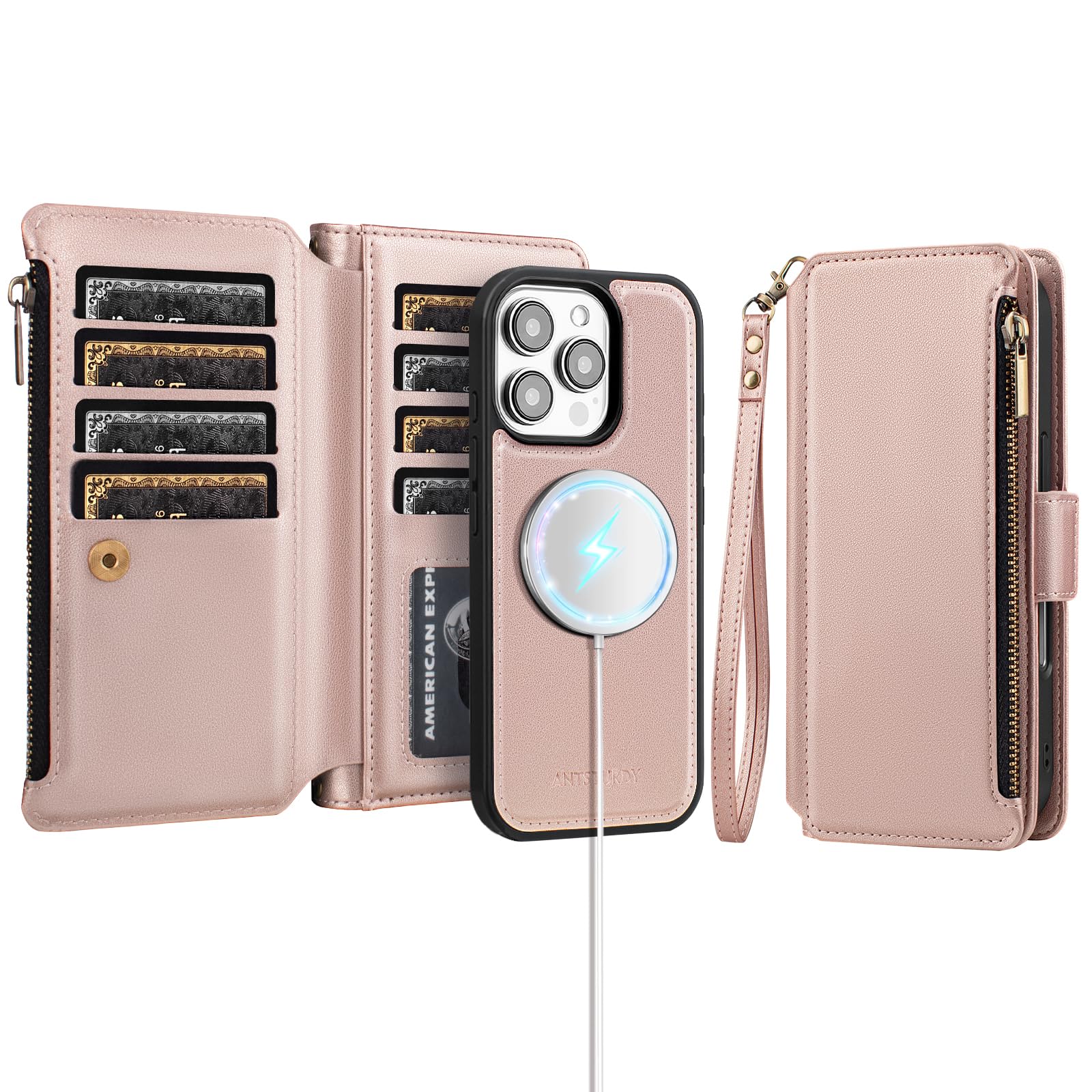Antsturdy Compatible with Magsafe Magnetic 2 in 1 Detachable iPhone 16 Pro Max Wallet Case with Credit Card Holder Slots,PU Leather RFID Blocking