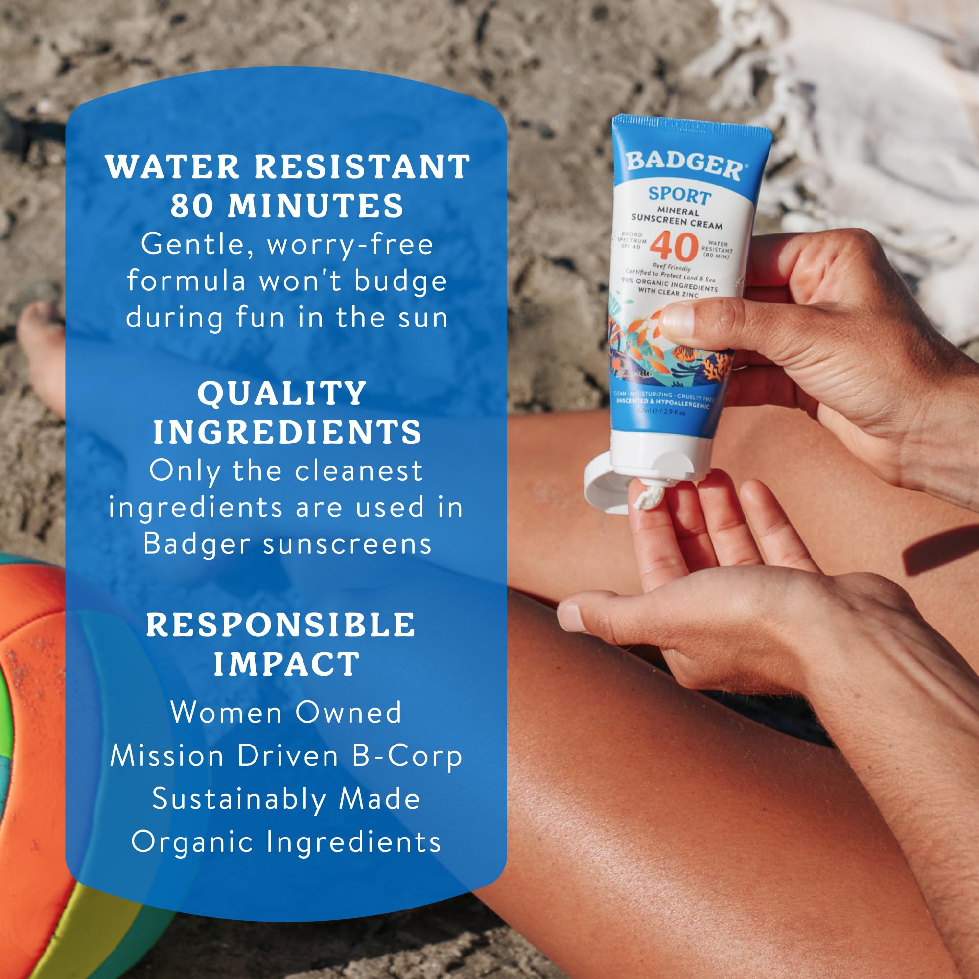 Badger Sport Mineral Sunscreen SPF 40, tlenek cynku, bezpieczny dla rafy | 98% organiczny, tlenek cynku, wodoodporny, zgodny z ustawą o rafie hawajskiej, bezzapachowy, sportowy filtr przeciwsłoneczny