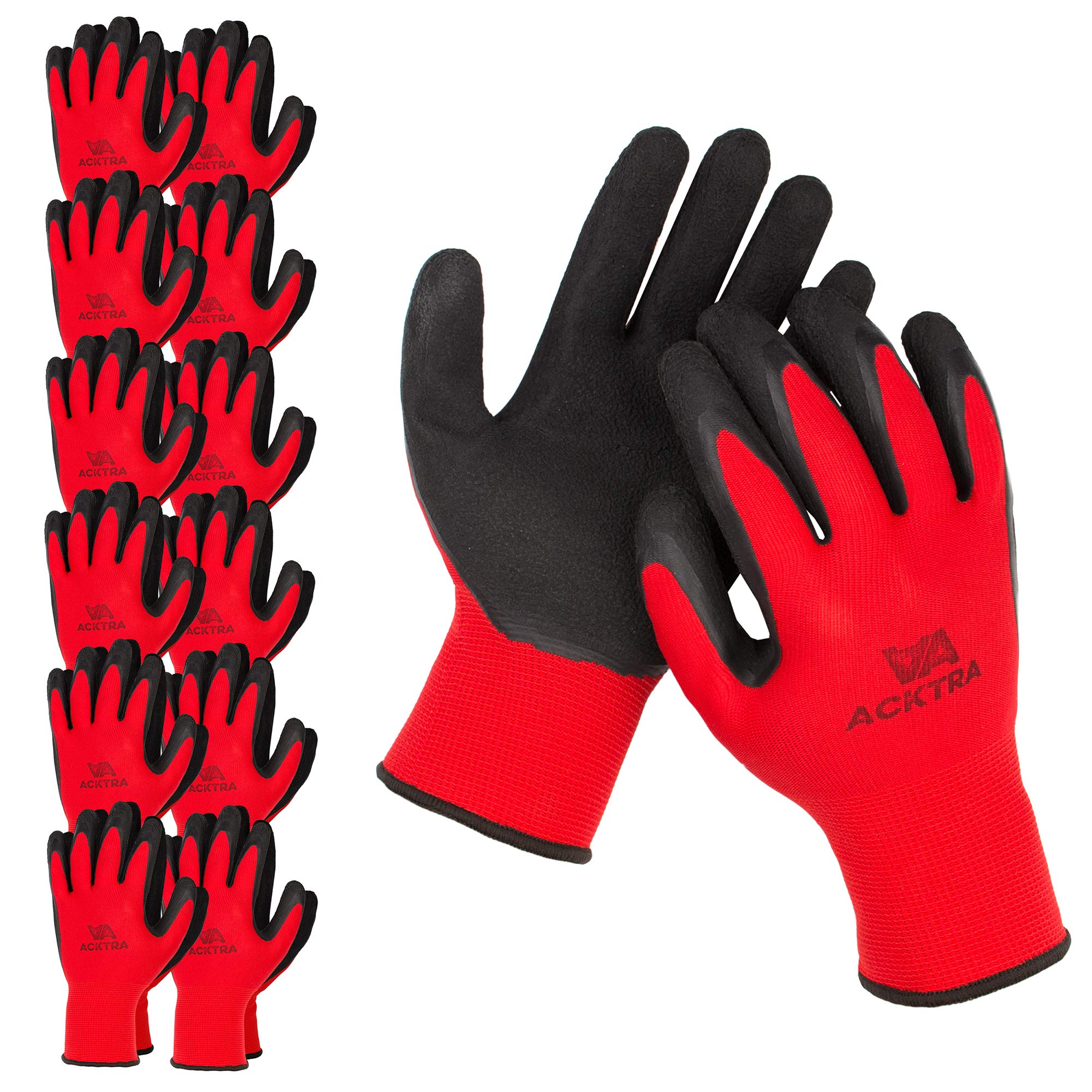 ACKTRA Premium Coated Nylon Safety WORK GLOVES 12 Pairs, Knit Wrist Cuff, for Gardening and General Purpose, for Men & Women, WG009 Red Polyester,