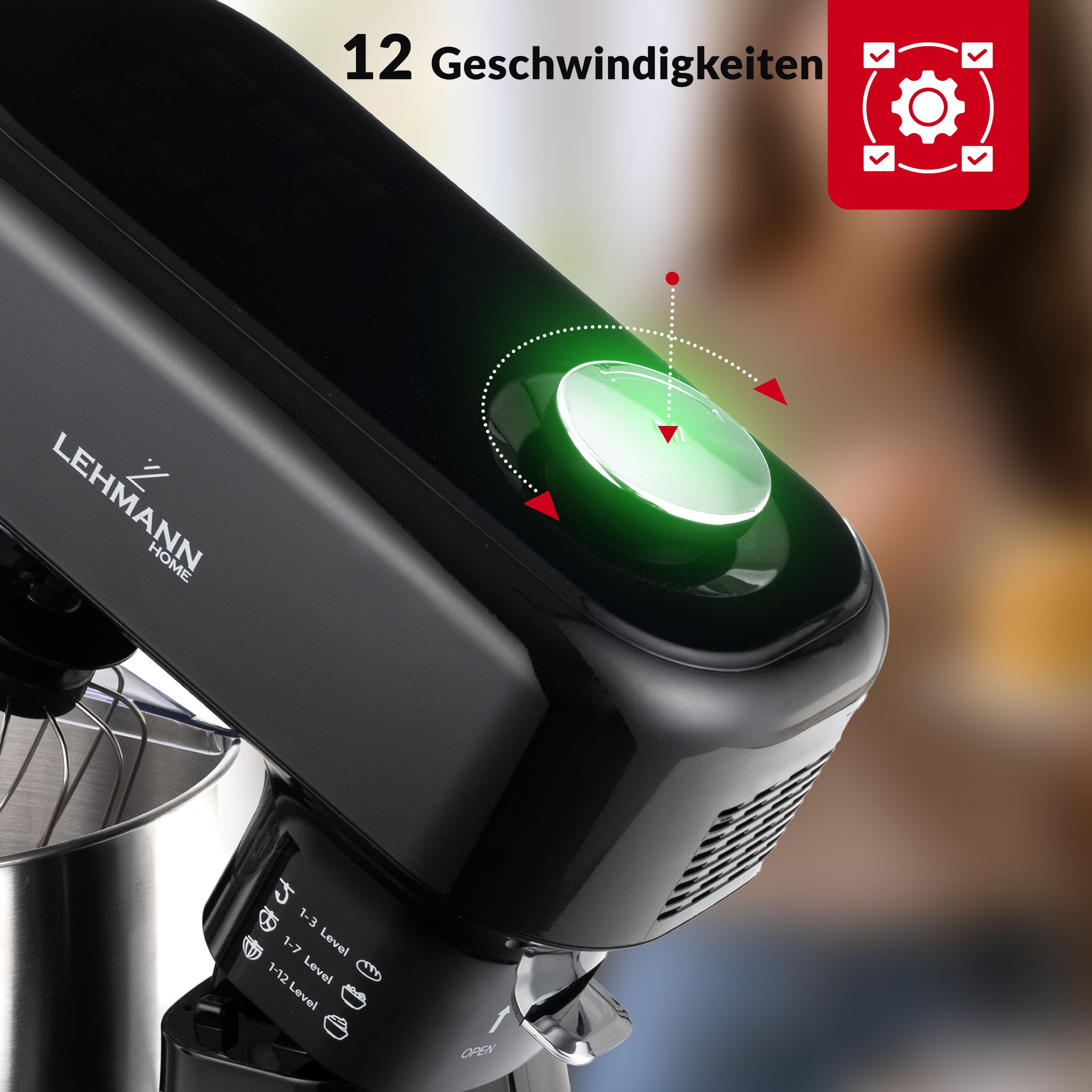 LEHMANN Multifunktions Küchenmaschine mit Display, 12 Geschwindigkeiten, Fermentationsfunktion mit Heizfunktion, integrierte Waage, Timer, Knetmaschine mit 3 Rühreinsätze und 5L Rührschüssel