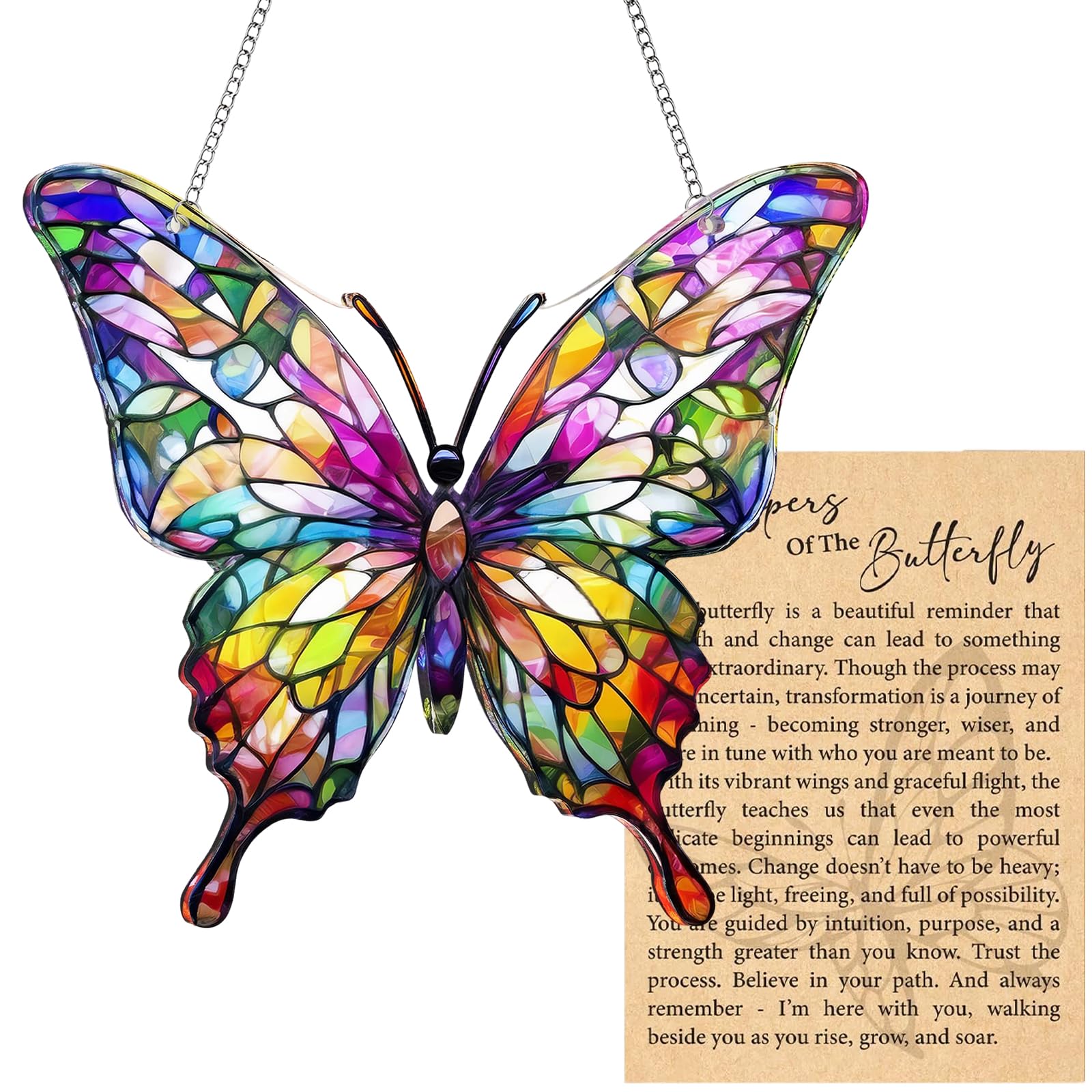 Butterfly Acrylic Suncatcher Ornament with Greeting Card, Stained Glass Window Hangings Acrylic Material, Sun Catchers for Garden Decorative Function, for Home/Garden/Office