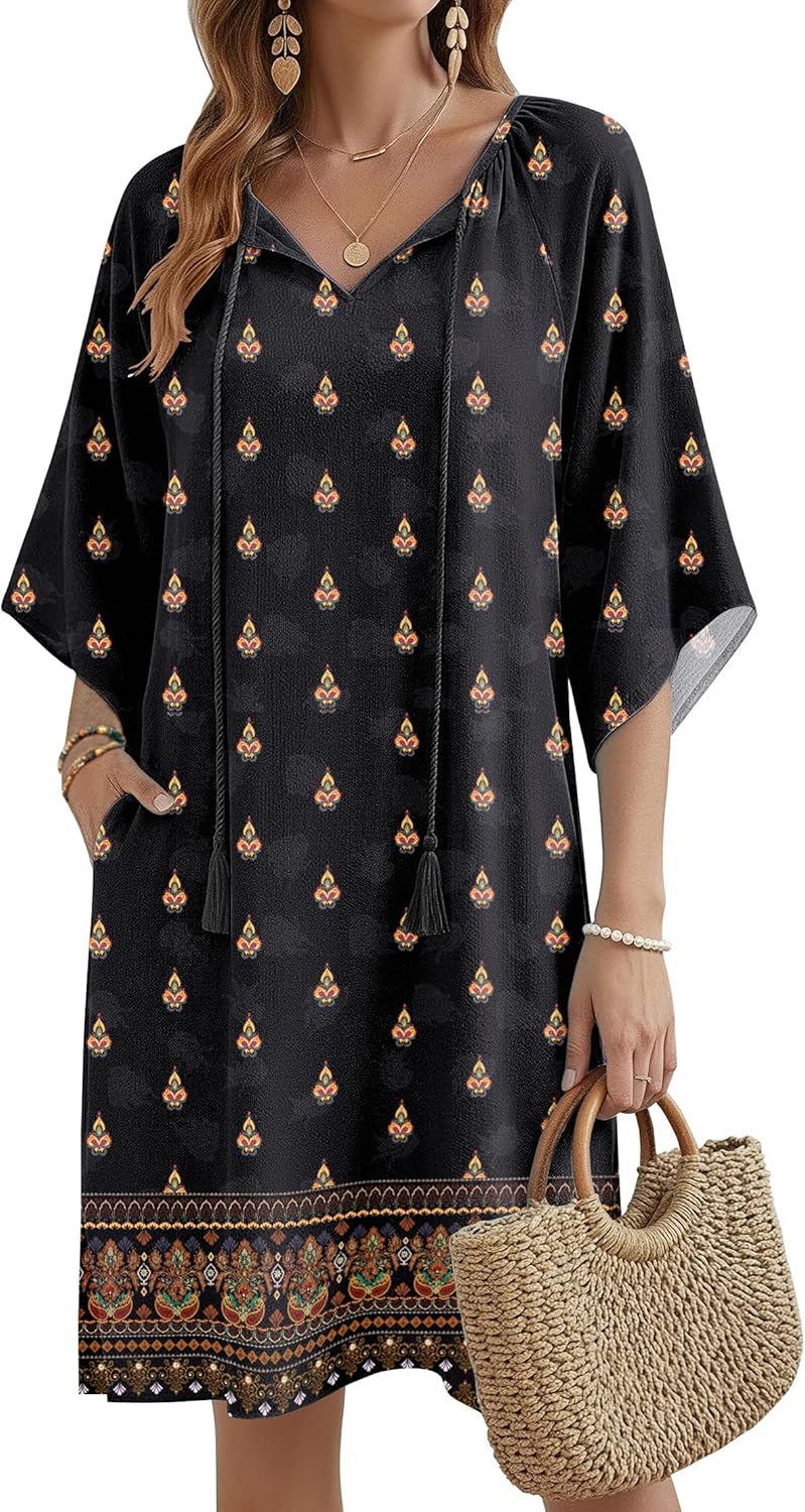 Zeagoo Womens Casual Summer Dress Boho Beach Dresses Tassel Tie Neck 2026 Floral Cover Up Spring 3/4 Sleeve Mini Sundress