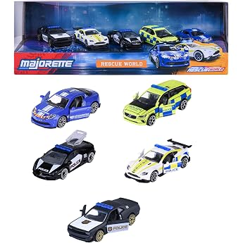 Majorette Rescue World Car Set (5 Cars) - 5 International Metal Police Cars with Freewheel, Suspension &amp; Moving Parts, Police
