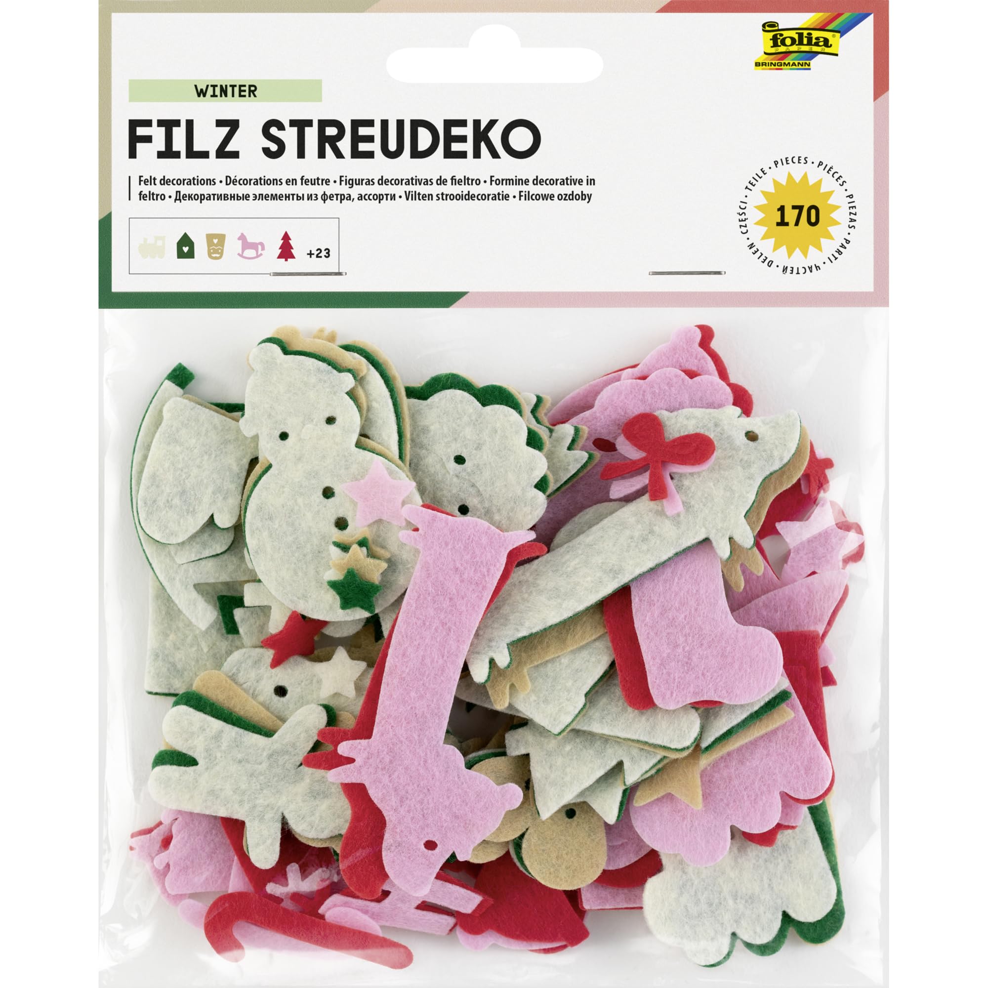 folia 5256 Felt Winter Scatter Decoration, 170 Christmas Motifs in 5 Colours, Decoration for Christmas