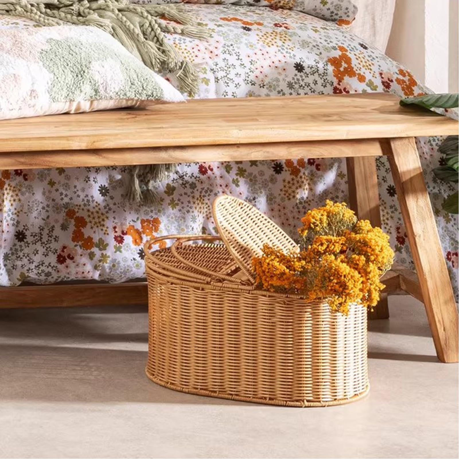 Cestino Picnic in Rattan Intrecciato a Mano,Cestino con Manico, Adatto for Picnic in Famiglia, Gite in Campeggio