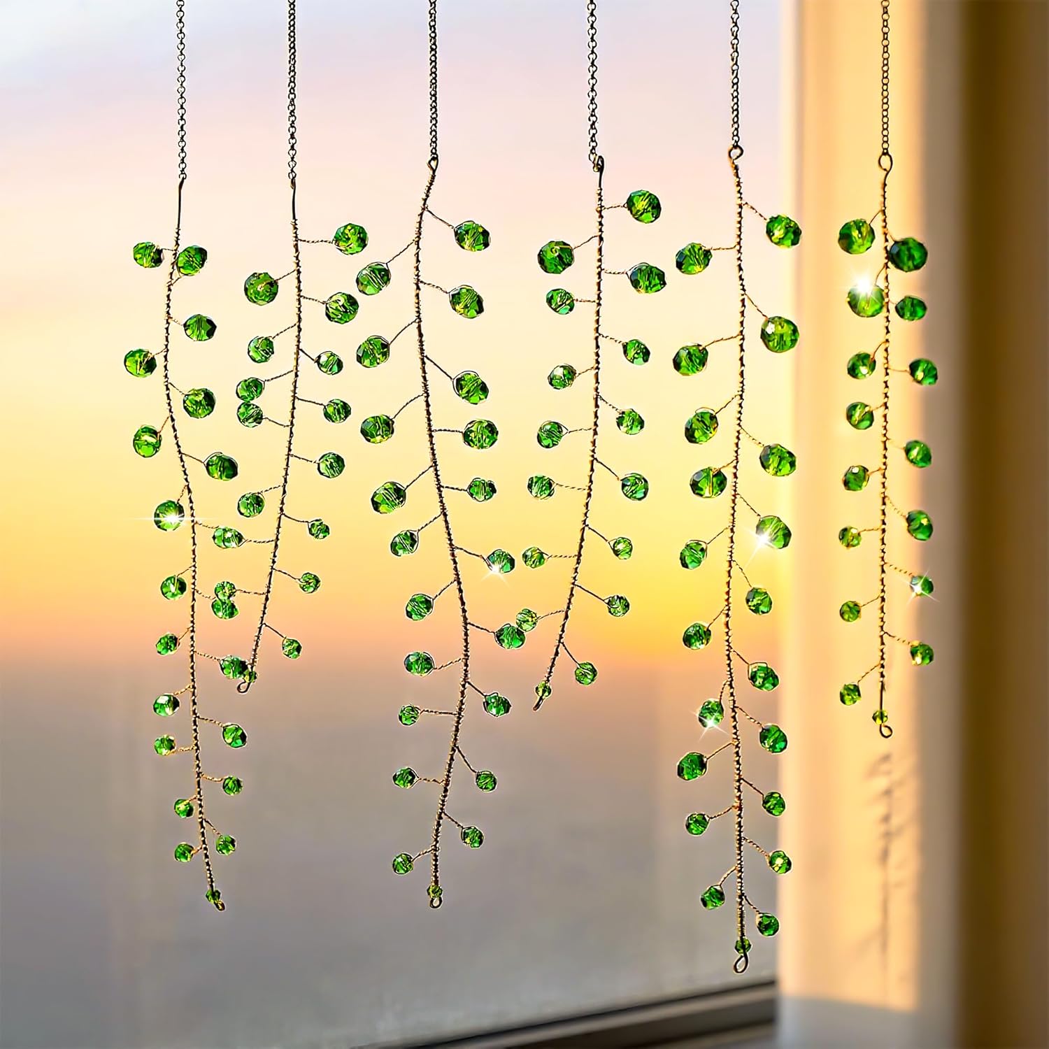 H&D HYALINE & DORA 3 Pack Sun Catcher Crystal Honeycomb Bee Ornaments and 6 Pcs Crystal Beaded Suncatchers Artificial Green Plants Hanging Wind Chime