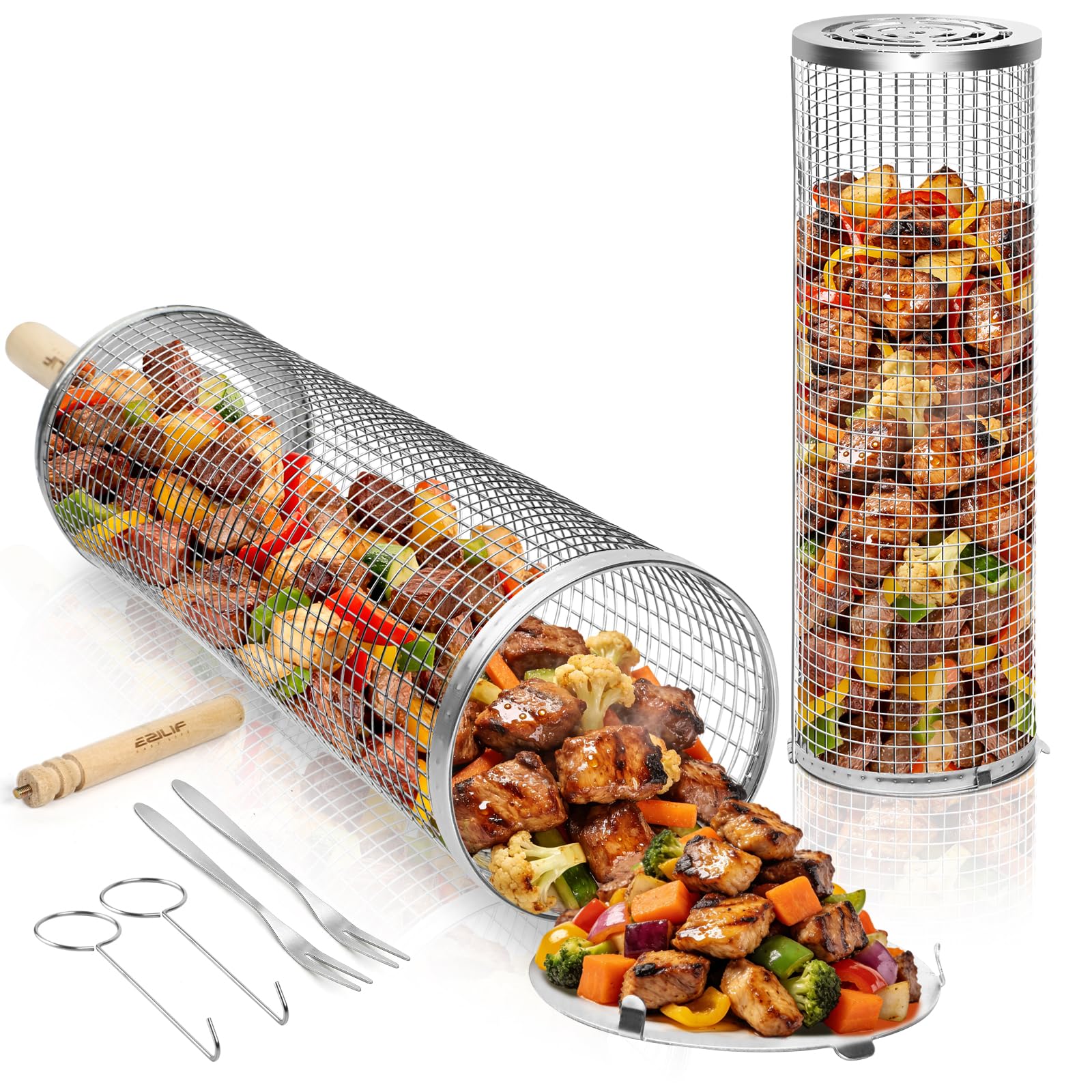 Ezilif Rollendes Grillkorb Set, Abnehmbarem Holzgriff, 304 Edelstahl, Grill Zubehör für Gemüse, Fleisch und Meeresfrüchte, Einsetzbar für Holzkohlegrill, Gasgrill, Camping Gadgets, Geschenke Geburtsta