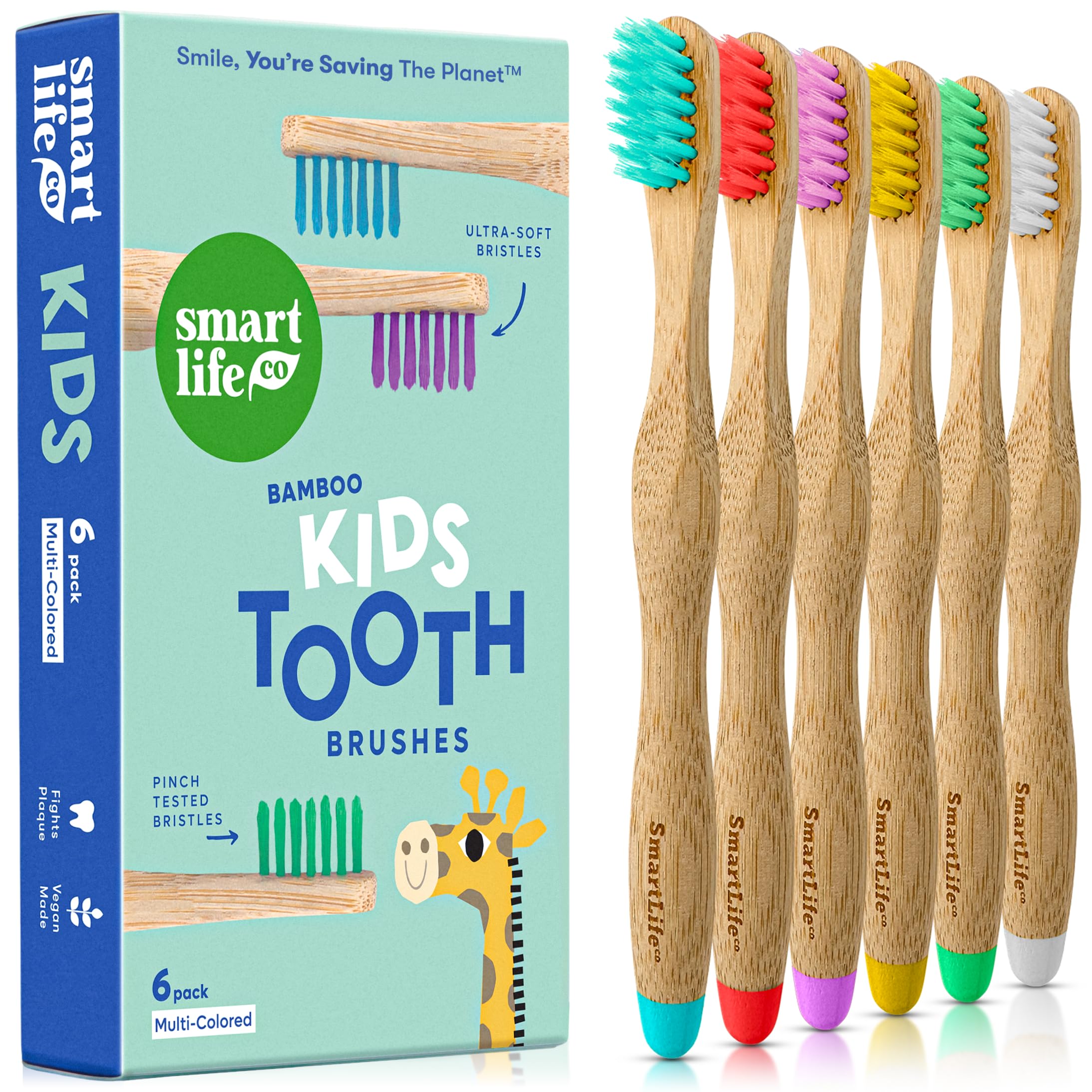 SmartLifeco Kids Bamboo Toothbrushes (6 Pack) - Extra Soft Bristles for Toddlers Teeth | Zero Waste Tooth Brushes for Children | Natural Wooden Child Size Handle | BPA Free, Eco-Friendly