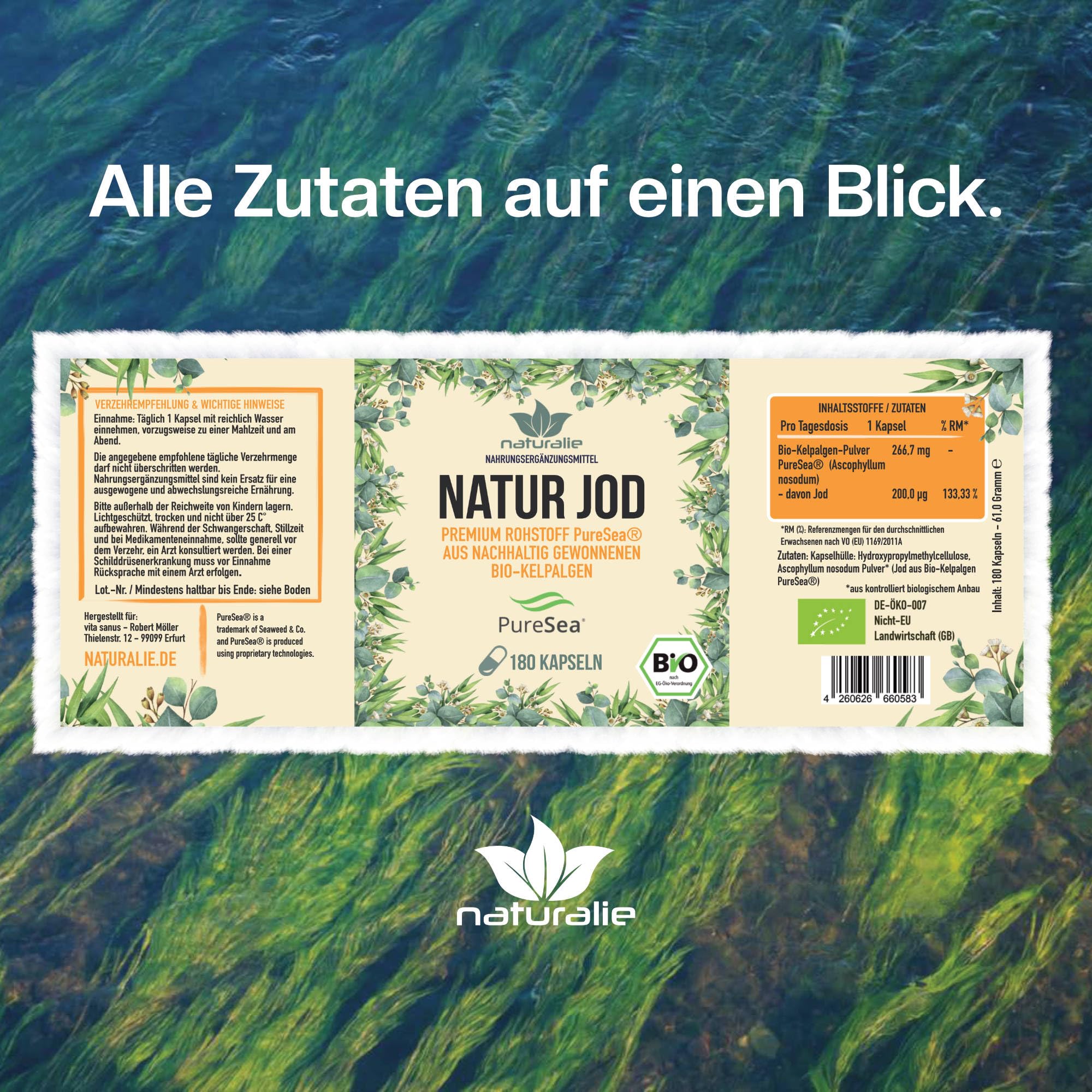 naturalie® - Natur Jod Kapseln | Bio-Kelpalgen aus Schottland | premium Rohstoff PureSea® | 200 µg reines Jod pro Kapsel | 180 Kapseln | ohne unnötige Zusätze