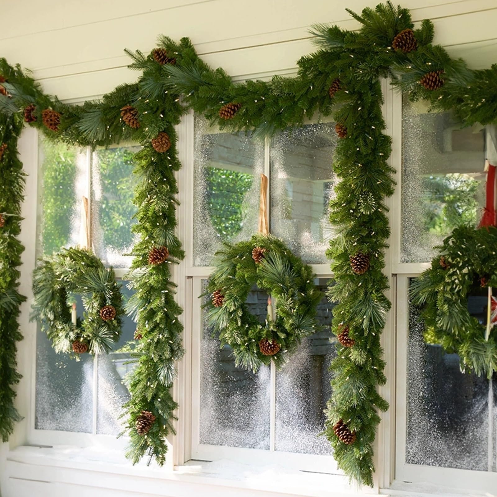 Juego de 2 Adornos Navidad, Christmas Garland con piñas y luz, Guirnalda Navidad, para Porche, Puerta de Entrada, Interior y Exterior.(80cm/31in)