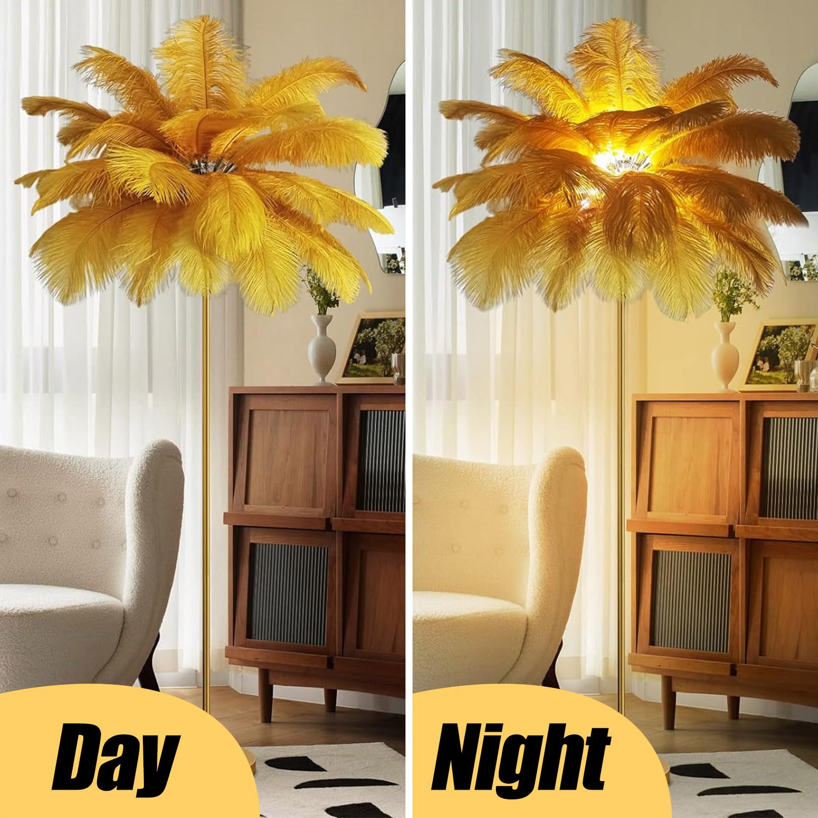 Lampada Da Terra Con Piume Di Struzzo Naturale – Altezza 160 Cm, LED Dimerabile Tricolore, Design Moderno