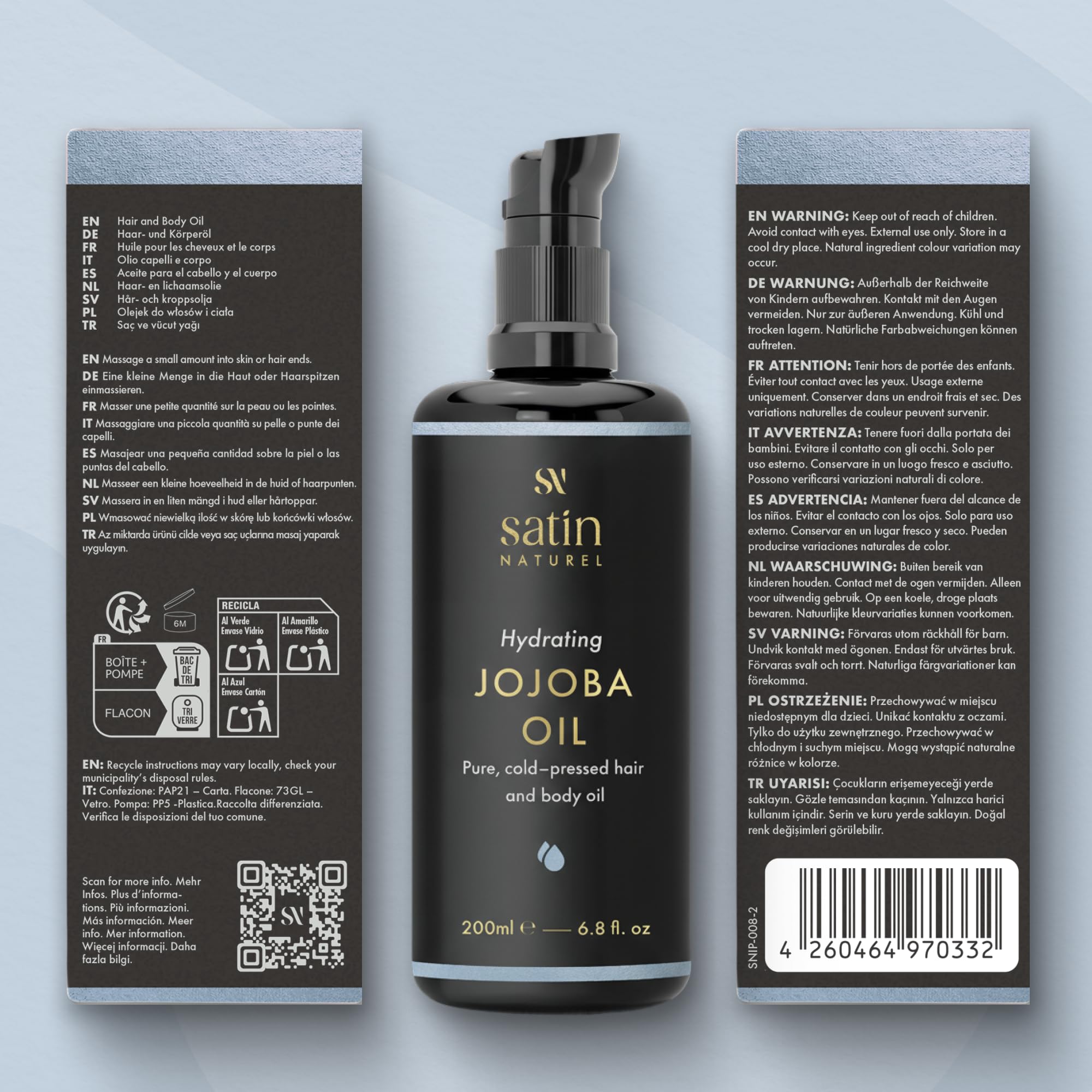 Organiczny olej jojoba wegański, na zimno + 100% czysty - 200 ml światła szklana butelka - pielęgnacja skóry bogata w witaminę E dla miękkiej skóry i włosów i zdrowych paznokci - naturalne kosmetyki Satin Naturel