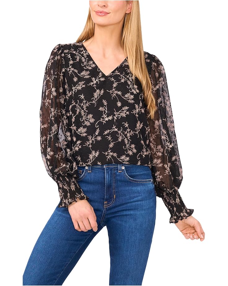 CeCe Long Sleeve Smocked Cuff Clip Dot Top - Main View