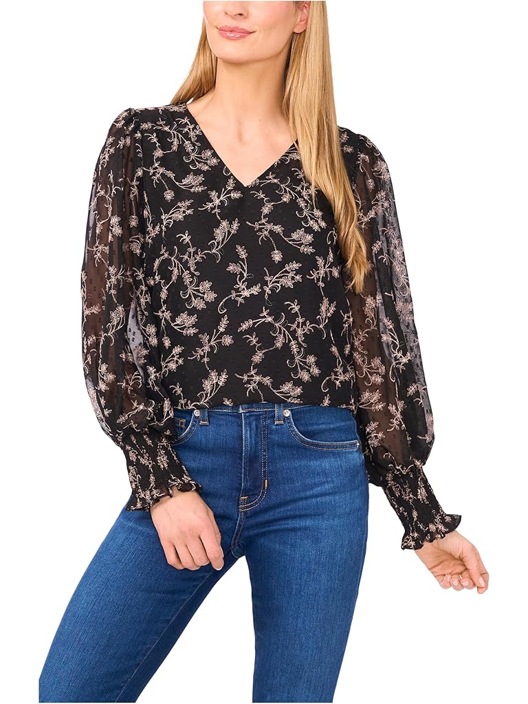 Black CeCe Long Sleeve Smocked Cuff Clip Dot Top
