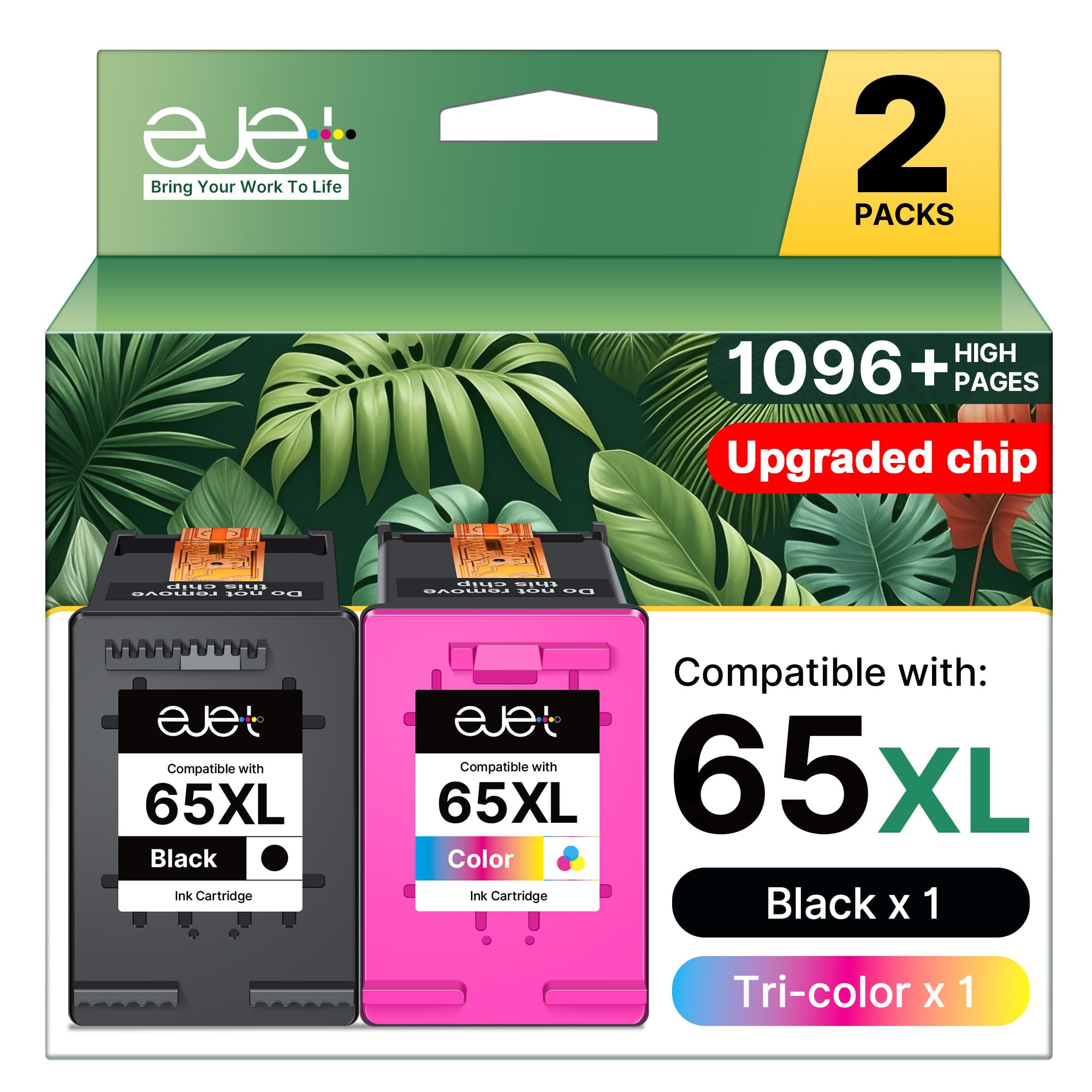 65XL Ink Cartridge Black/Color Combo Pack Replacement for HP 65 Ink 65XL Compatible with HP DeskJet 3752 3755 3700 3772 2655 2652 2622 Envy 5010 5012 5055 5052 AMP 100 Printer (1 Black, 1 Tri-Color)
