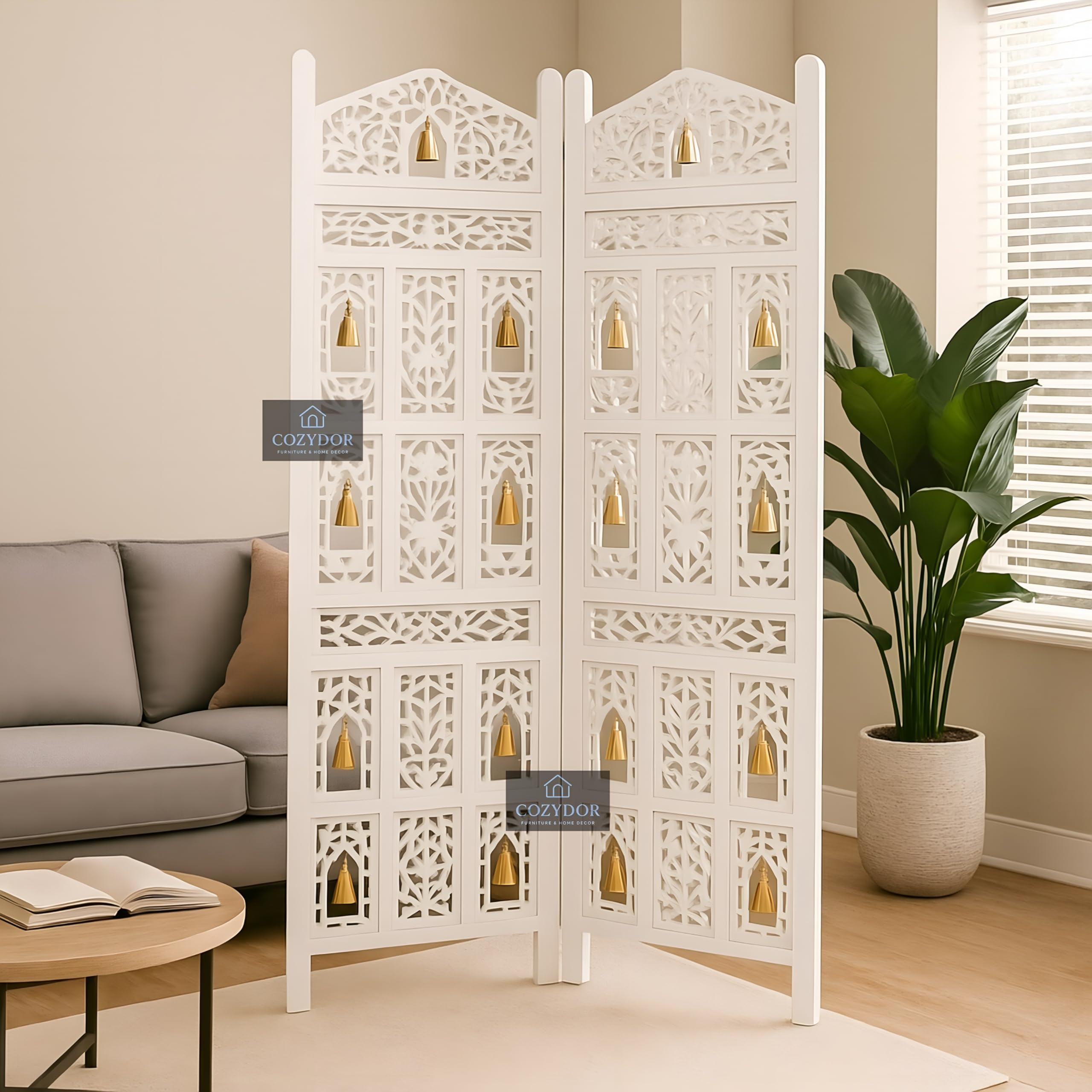 Wooden Partition for Living Room, Wood Screen Separators, Wall Panel Divider for Living Room, Room Partitions and Dividers, Wooden Partition with Bell for Pooja Room Home Decor Trend(White)-image-29