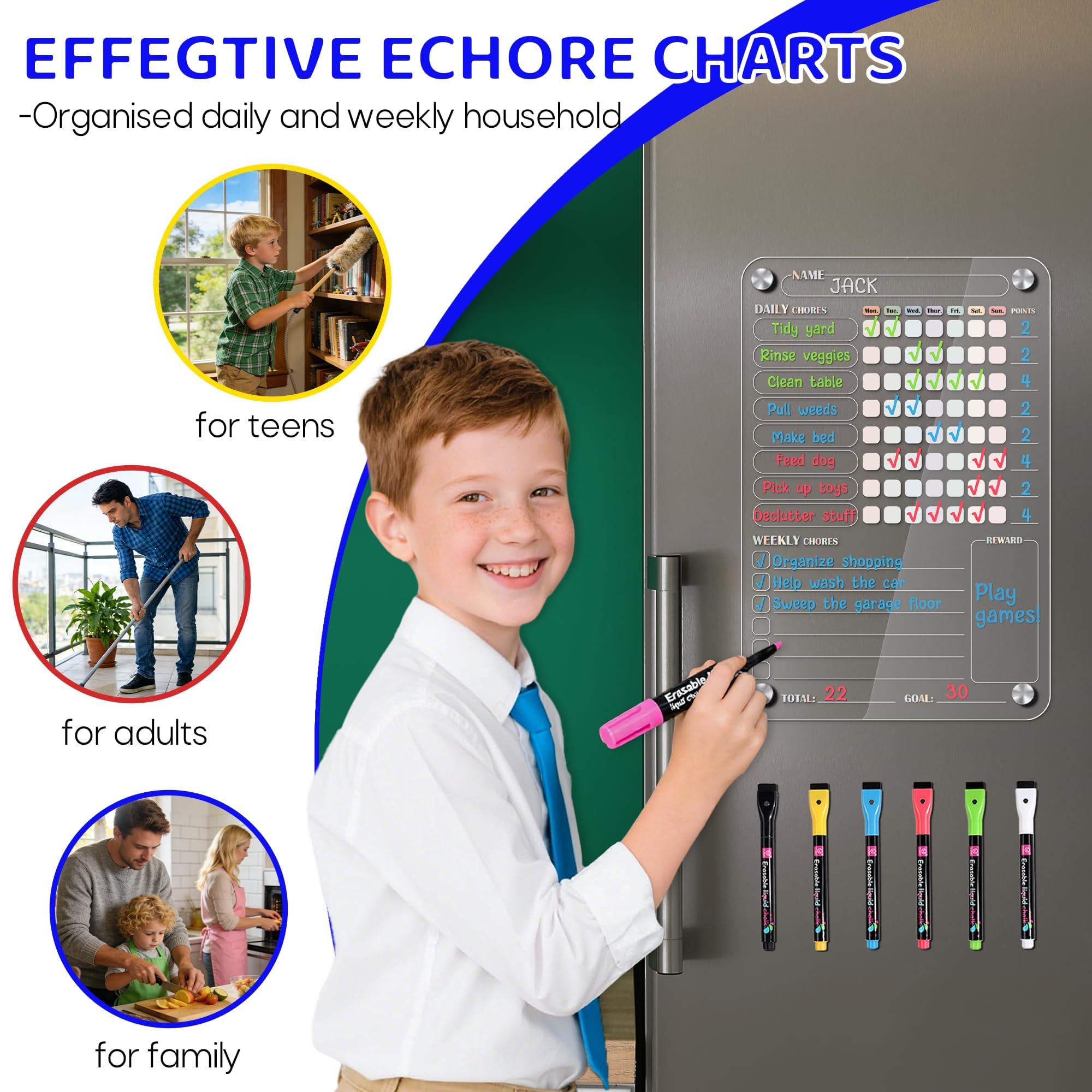 Tableau de corvée magnétique en acrylique pour enfants, plusieurs enfants, tableau de corvée transparent pour réfrigérateur, tableau de responsabilité, récompense de comportement, 2 tableaux de tâches