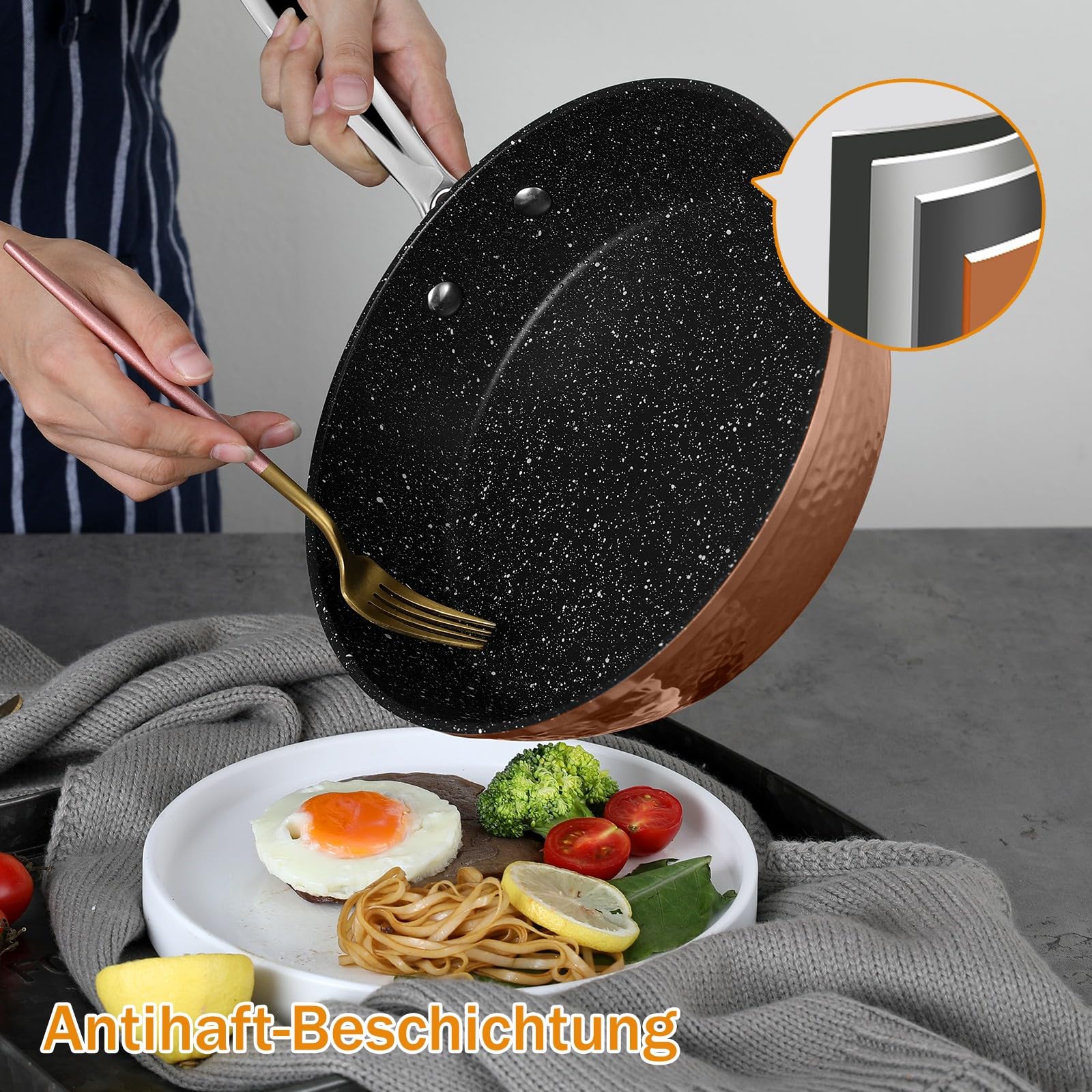 Topfset, Scheffler Topfset Induktion 15-teilig, Töpfe und Pfannen | Geprägtes/strukturiertes Muster Töpfe mit Glasdeckel, Induktionsgeeignet, Edelstahl Griff-Copper