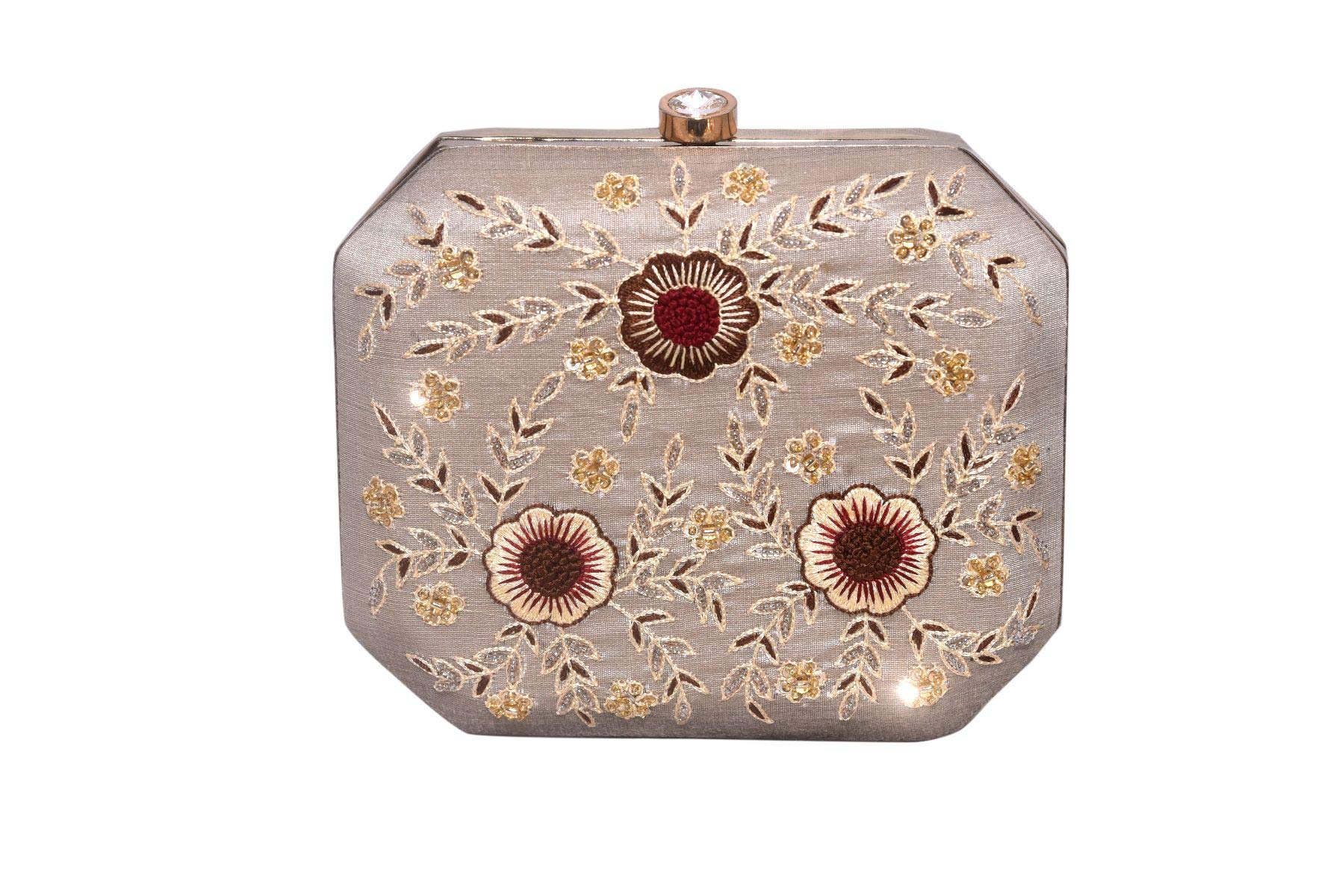 Aafiya Fashions Wood/Raw Silk Made Rose Golden Color Clutch With Hand Embroidery, Resham Moti Work, Glass Beads Embellishment Work For Girls & Women's