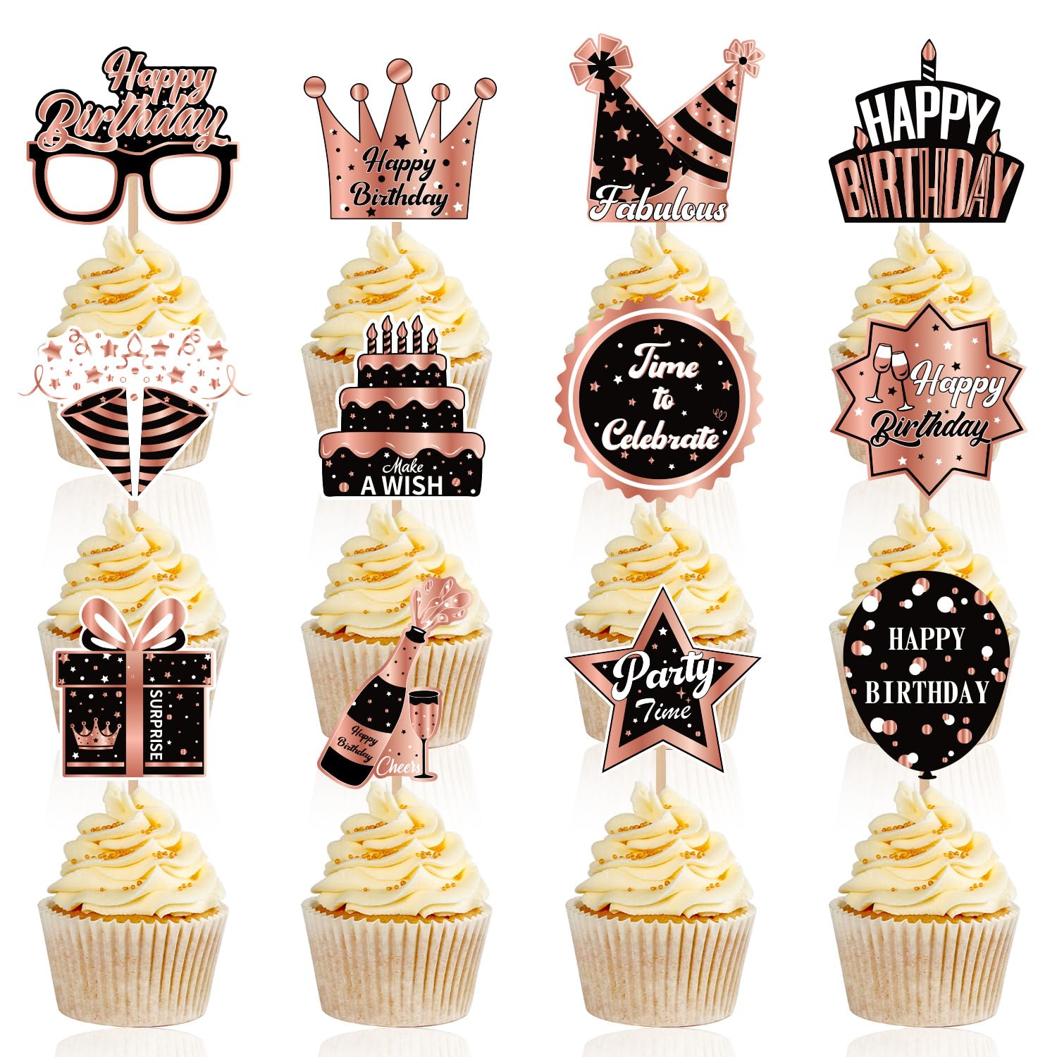 48pcs Rose Gold Party Supplies,Rose and Gold Birthday Party Cupcake Toppers for Kids Gift Birthday Favors Kid's Birthday Party cake Decoration Supplies