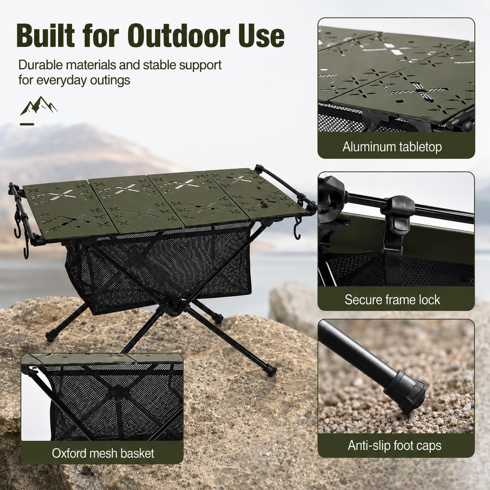 GOOGO Tavolo pieghevole da campeggio, piano in alluminio e ripiano in rete, tavolino ultraleggero outdoor per picnic, pesca e cucina all’aperto, 59 x 40 x 38 cm (verde)