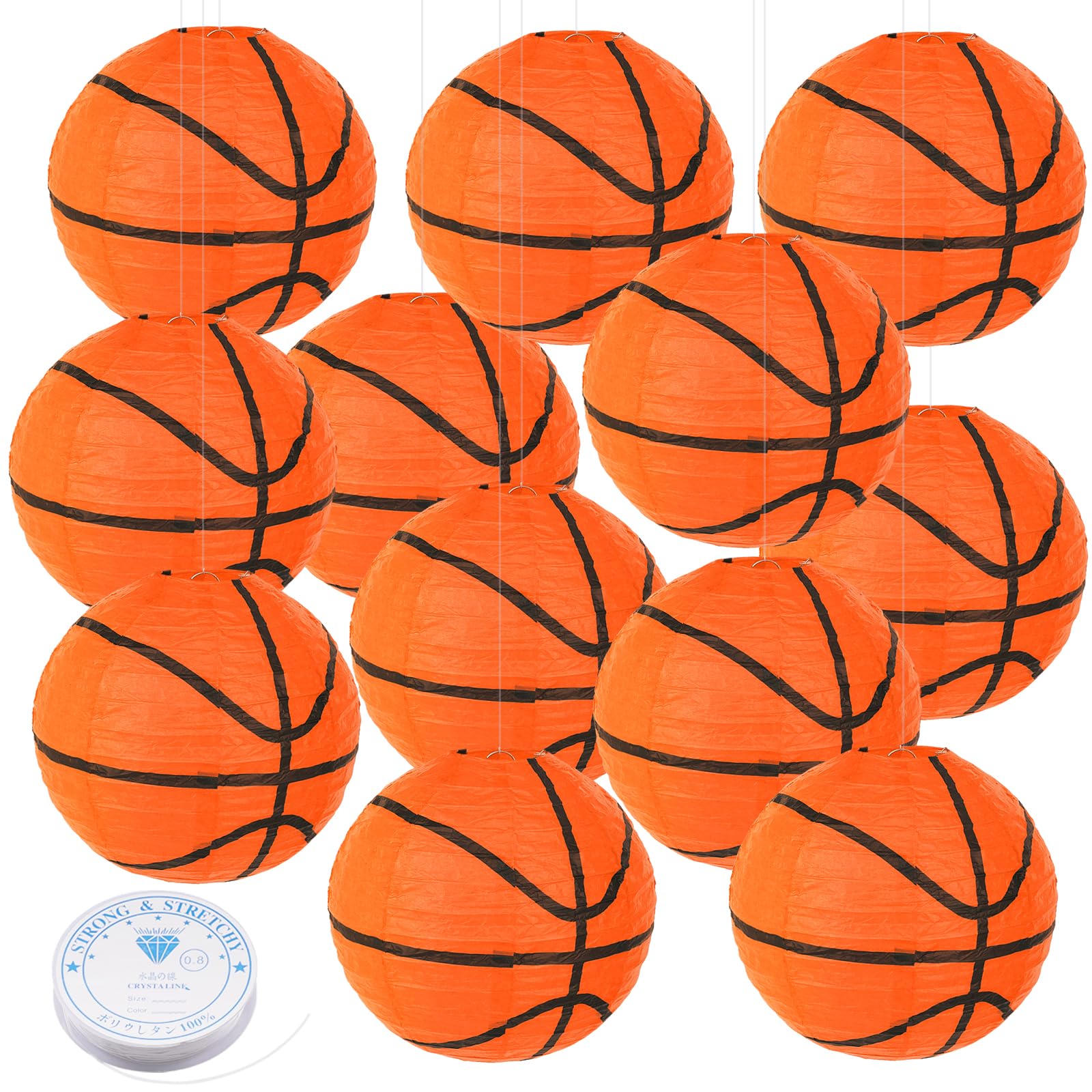Photo 1 of 12 Pieces Orange Basketball Paper Lantern Decorations 8 Inch Ceiling Hanging Basketball with Copper Wire for March Madness, Sports Theme Birthday Party, Senior Night, Baby Shower & Classroom Decor
