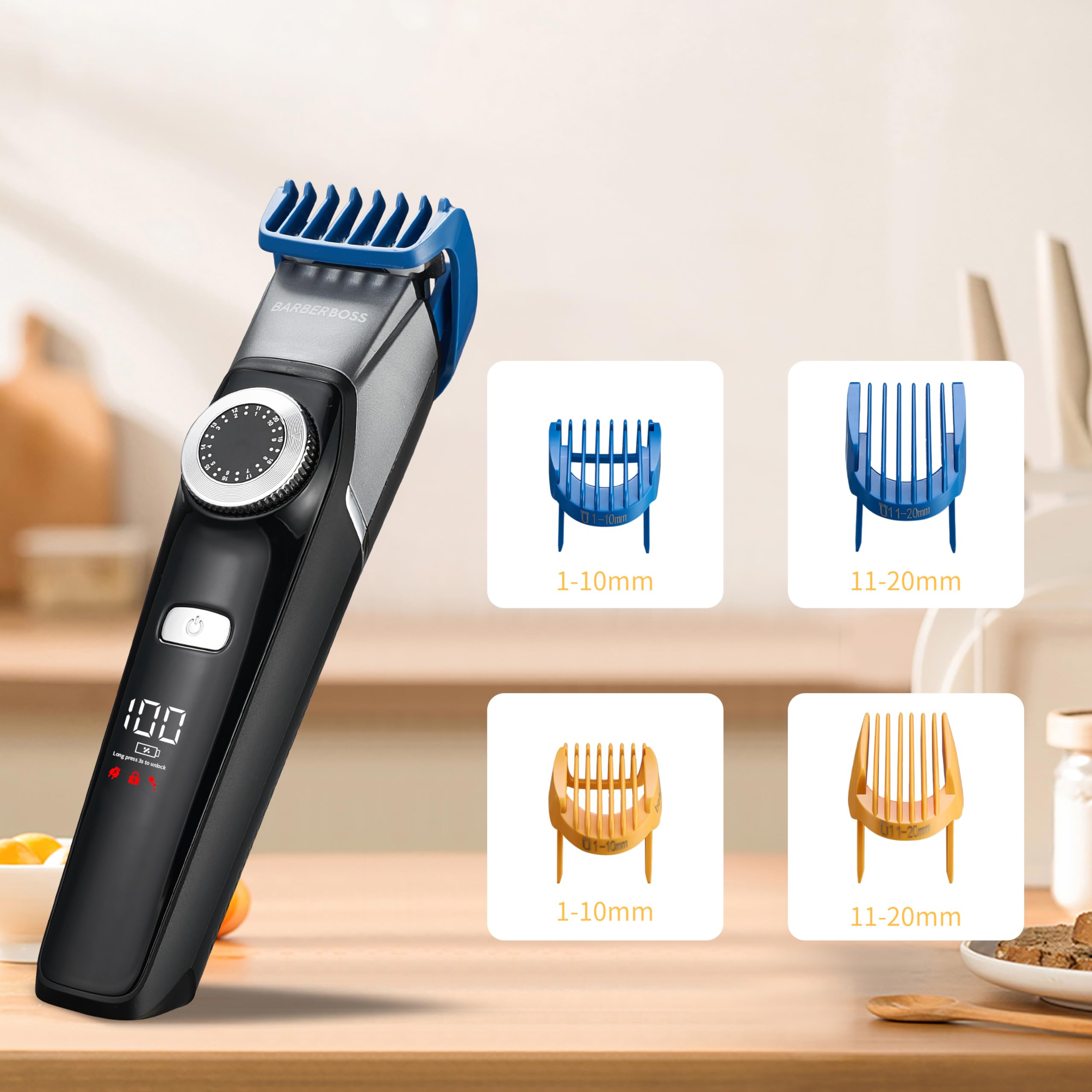BarberBoss Zestaw do pielęgnacji twarzy 3 w 1 dla mężczyzn, trymer do włosów, trymer do brody, trymer do szczegółów, precyzyjna tarcza sterująca, 4 grzebienie prowadzące, ładowanie USB