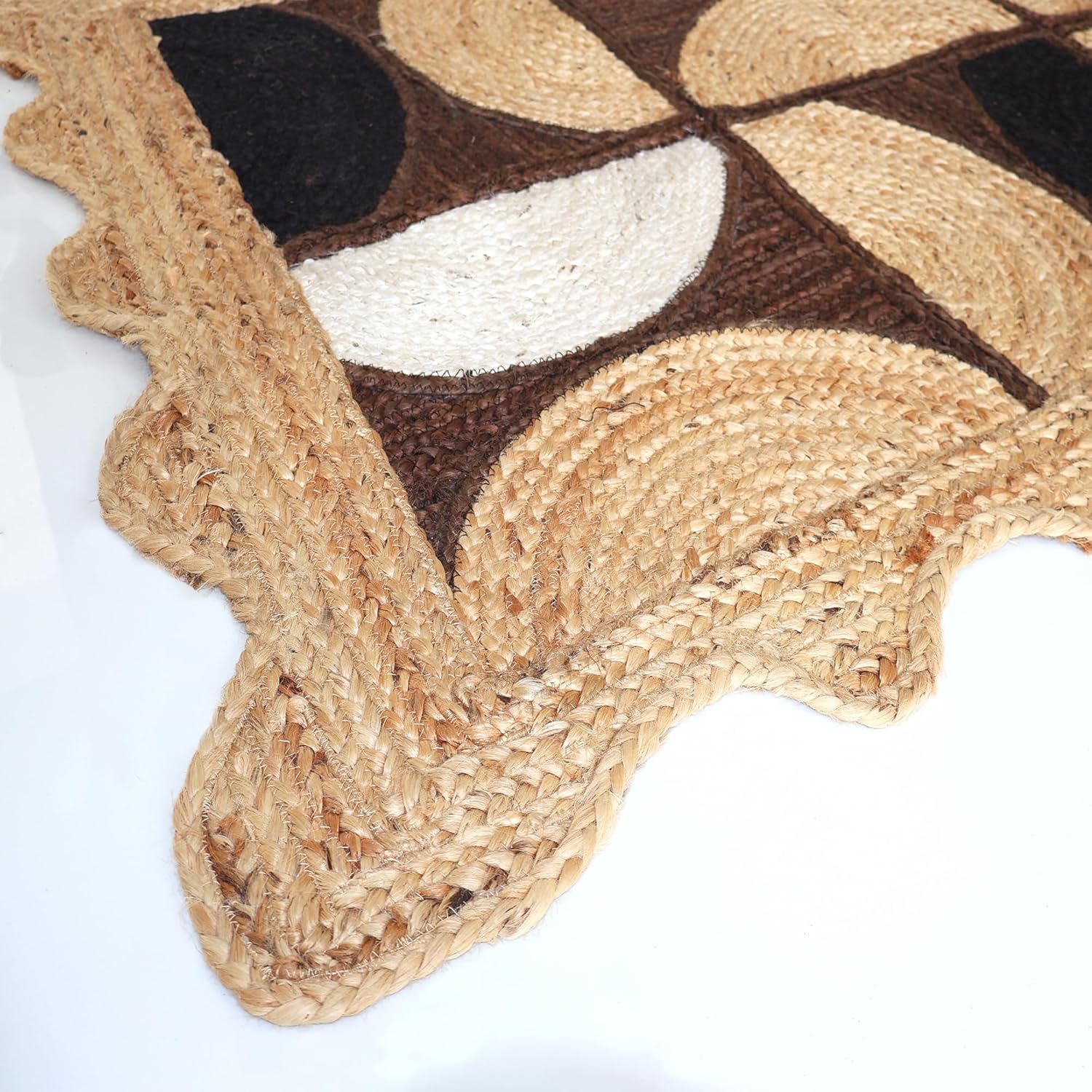 Jute Scalloped Rug 12x15 Indian Jute Hand Woven Area Rugs Thick 0.27" Geometric Half-Moon Brown & Black Rugs for Living Room, Bedroom, Home/Office Decor Carpet