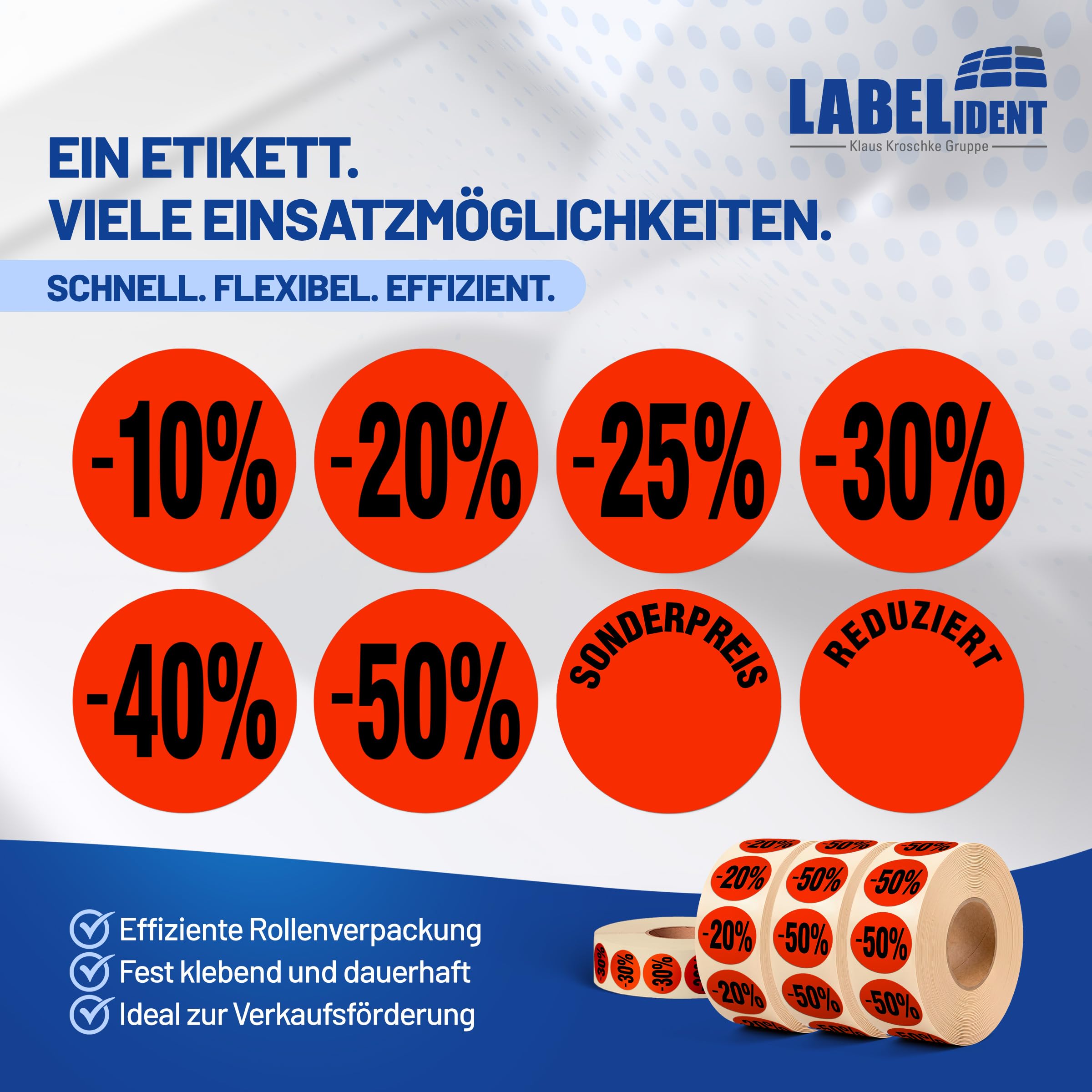 Labelident Aktionsetiketten -50% Ø 32 mm | 10.000 Rabattaufkleber auf 10 Rollen | leuchtrot-schwarz | Für Handel, Lager und Verkauf | Stark selbstklebende Preisetiketten