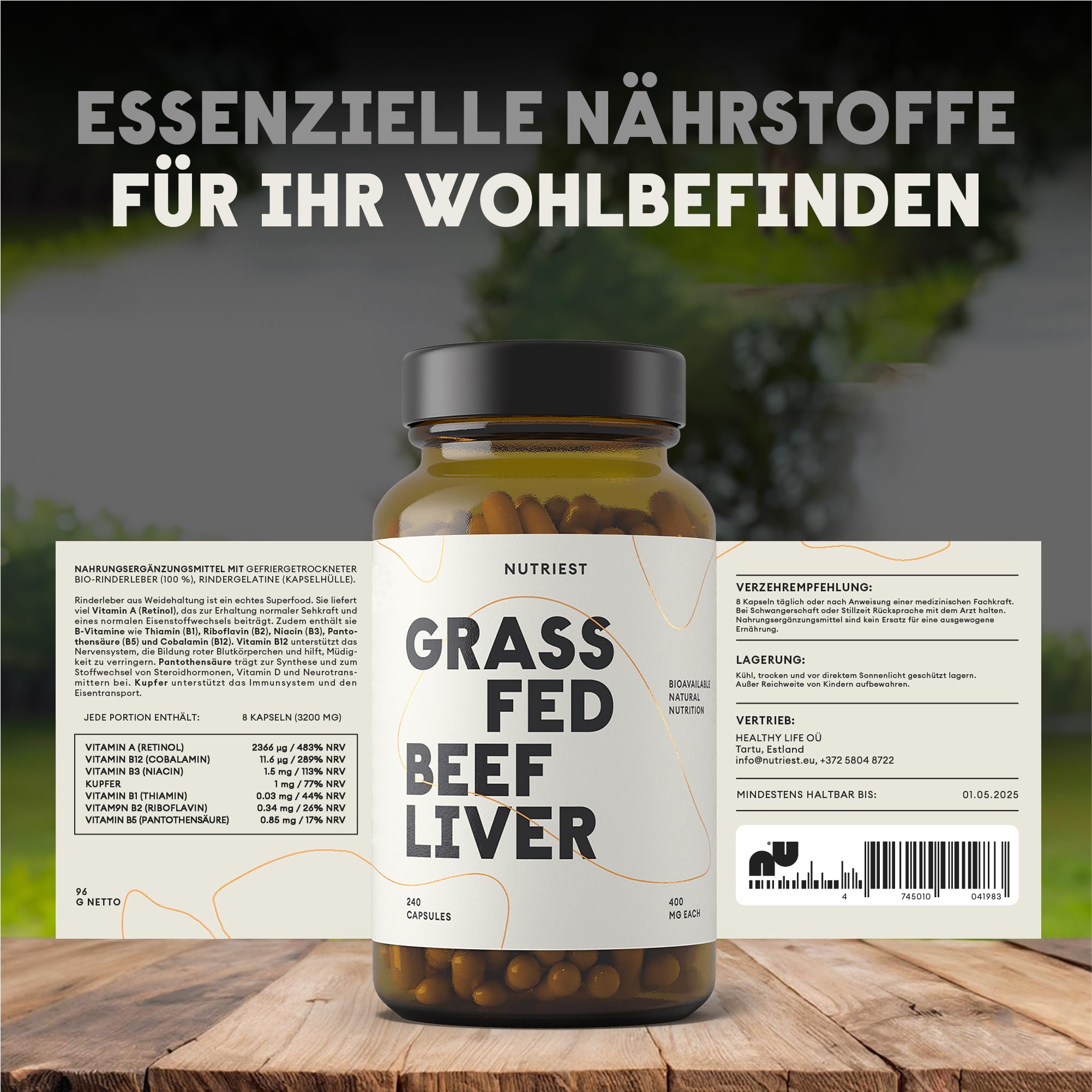 Nutriest Rinderleber Kapseln (240 Stück) – Bio-Weiderind aus Europa | 100% Weidehaltung | Für Energie, Immunsystem & Vitalität | Reich an Vitamin A, B12 & Kupfer