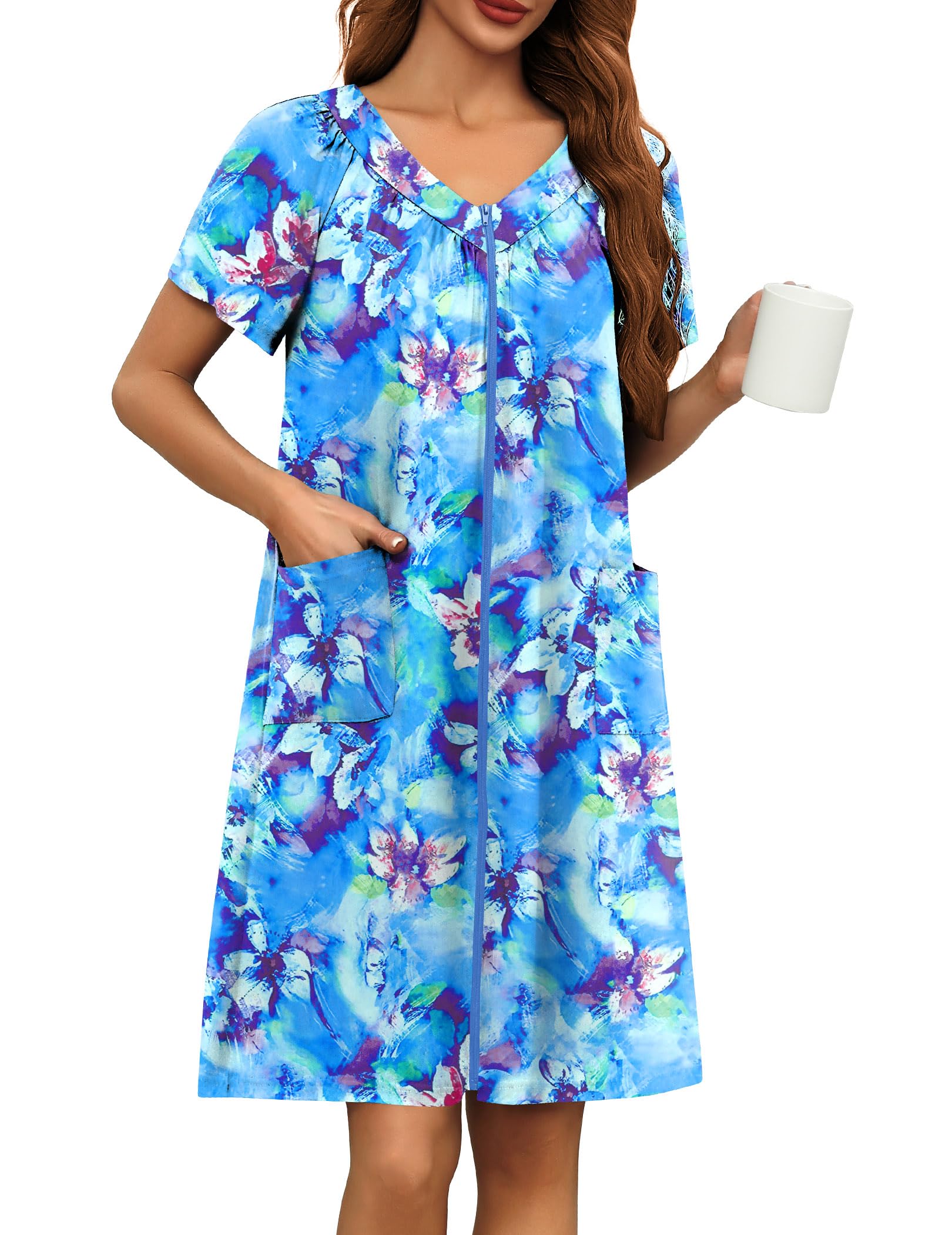 Ekouaer Women Robe Zipper Front Mumu Duster Robes Zip Up Housecoat Soft Sleepwear with Pockets