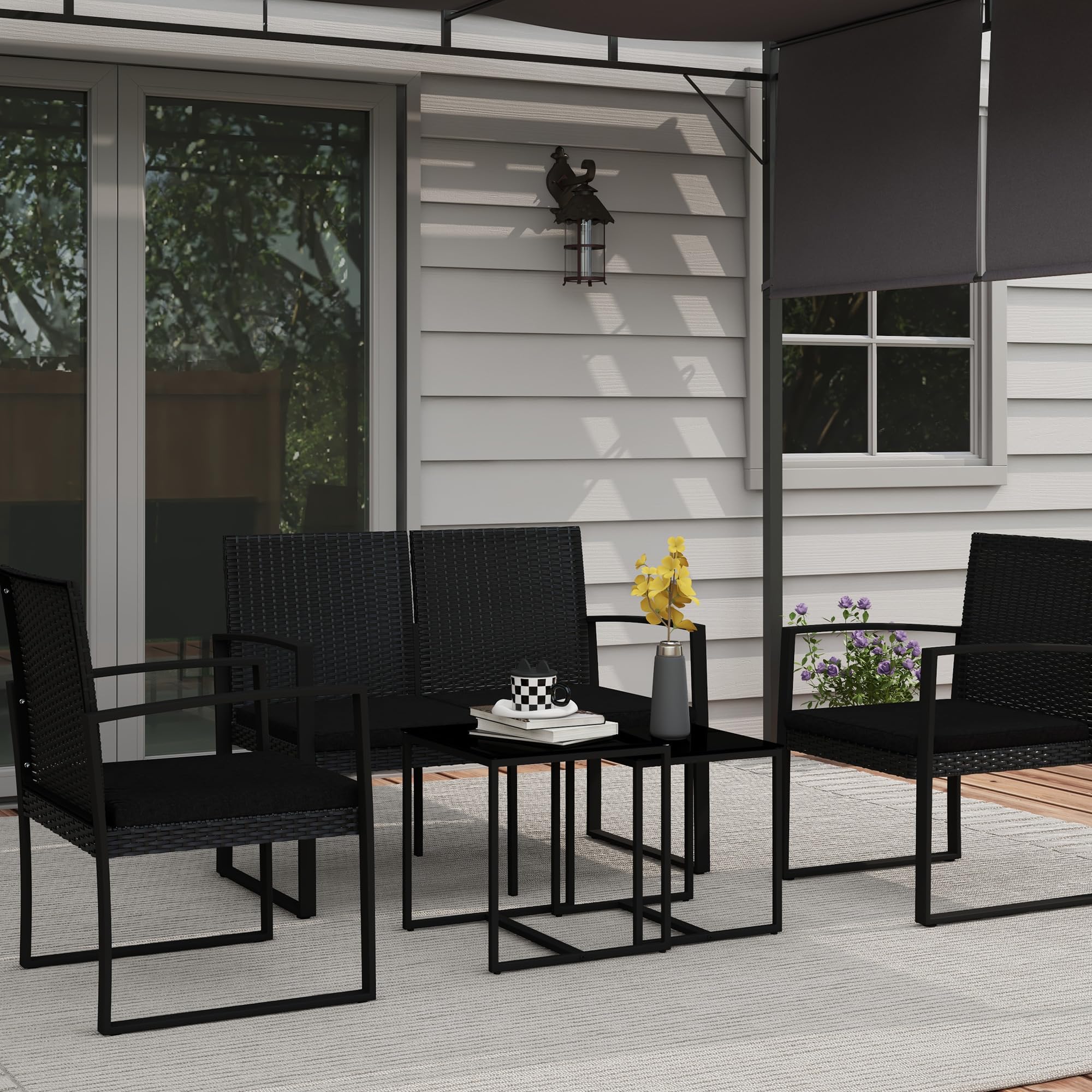 Outsunny Conjunto de Muebles de Jardín de Ratán Sintético 5 Piezas Negro | Conjunto Jardín Exterior, 2 Sillones, 1 Sofá de 2 Plazas, 2 Mesas de Centro, para Patio Terraza