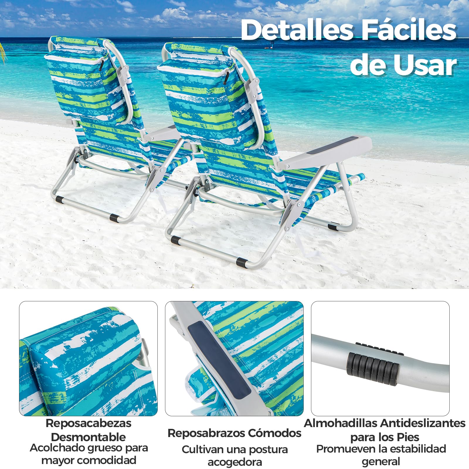 GOPLUS Silla Playa Plegable, Silla de Camping Ligera con Respaldo Ajustable en 5 Posiciones, Barra para Toallas, Portavasos, Almohada, Correas, Tumbona Exterior Reclinable, Carga 150 kg (Verde+Azul,2)