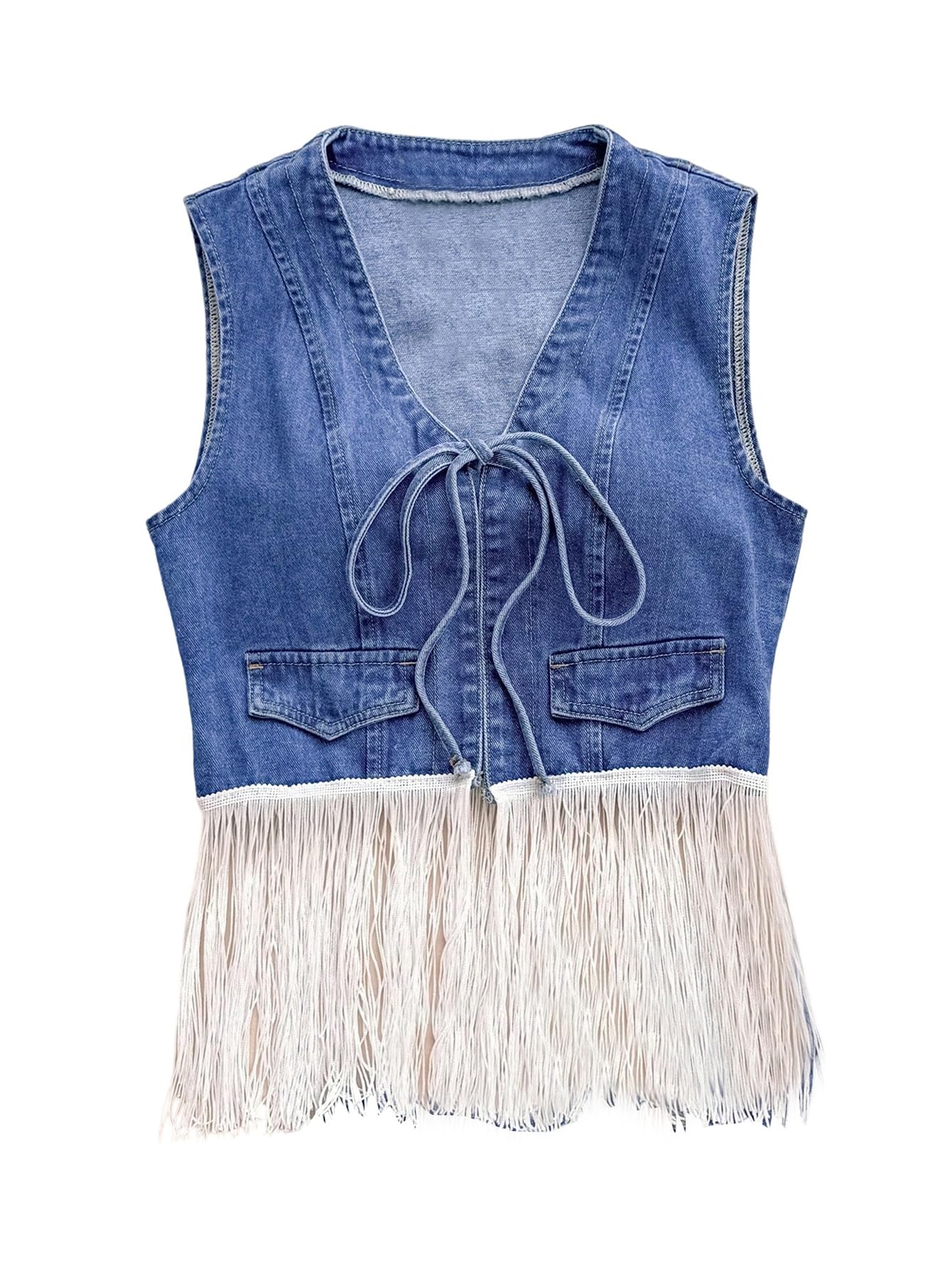 Womens Tie Front Denim Vest Tassel Hem Sleeveless V Neck Cardigan Vest Country Concert Cowgirl Outfit