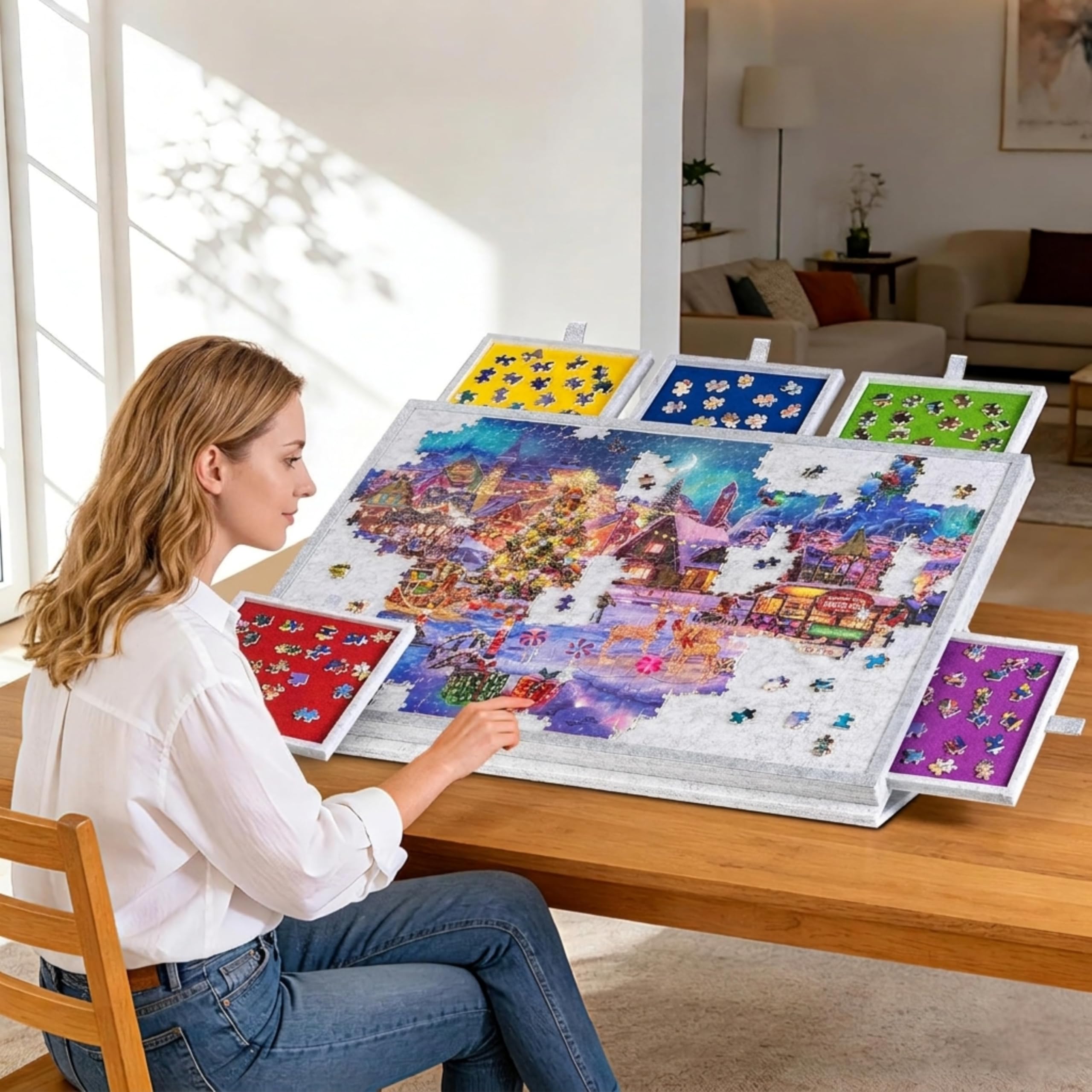 Plateau Puzzle Inclinable Malau 1000 Pièces – 5 Tiroirs Et Housse – Feutre Gris 77x53 Cm – Portable Et Ergonomique