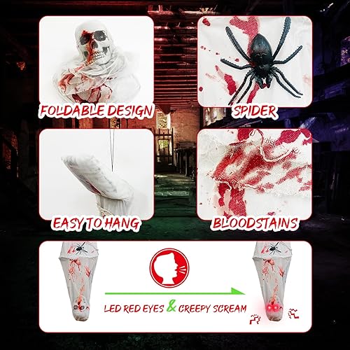 Miniatura 4 de Decoración de Halloween colgante de fantasma de cadáver de capullo, ojo de luz LED roja y cadáver de capullo de sonido espeluznante para decoración
