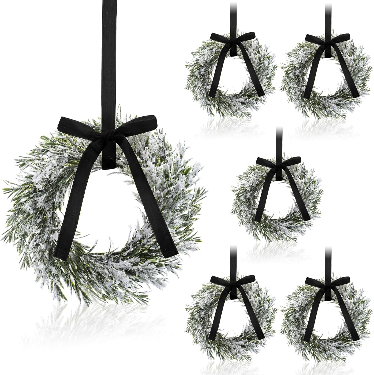 6 Pcs 9.8" Christmas Cabinets Wreaths for Kitchen Snowy Cedar Wreath with Ribbon Bows Artificial Hanging Wreaths Garland Decorations for Home Window Door Porch Holiday Party Decor(Black)