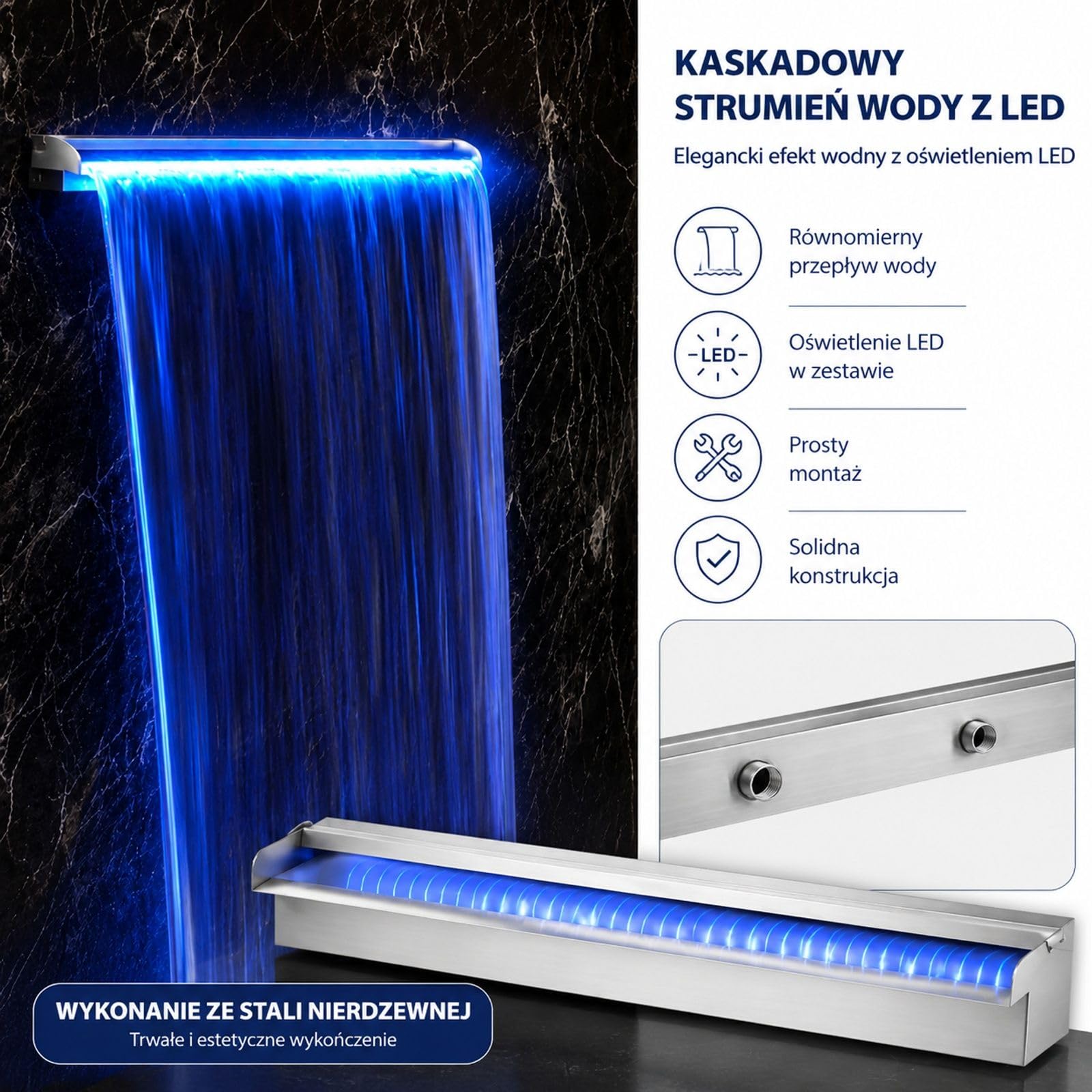 Srebrny wodospad basenowy ze stali z kolorową taśmą LED i złączem węża do oczka wodnego oraz ogrodu