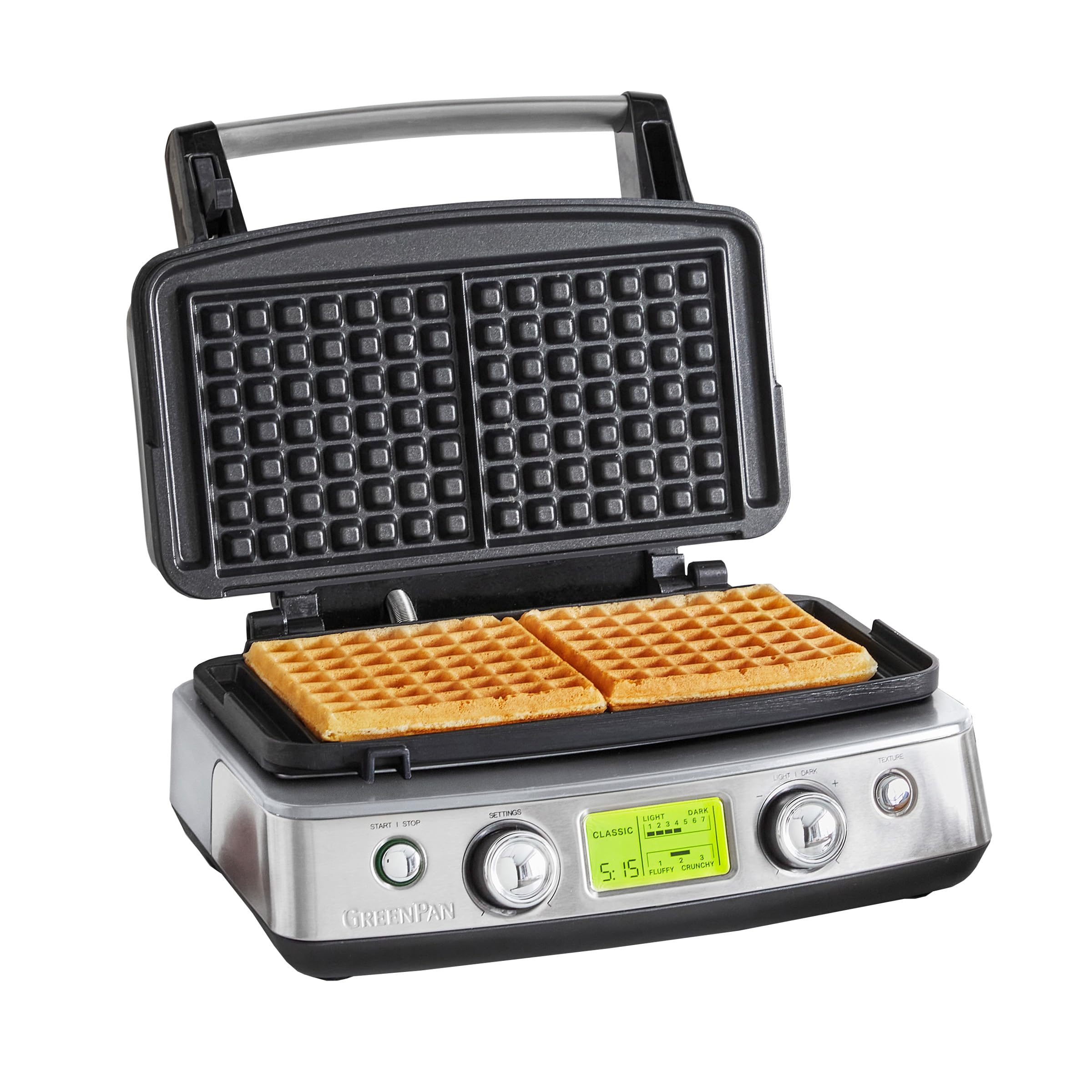 GreenPan Elite 2-Square Belgian & Classic Waffle Iron, Healthy Ceramic Nonstick Dishwasher Safe Plates, Adjustable Shade/Crunch Controls, Wont Overflow, Easy Cleanup Breakfast, Stainless Steel