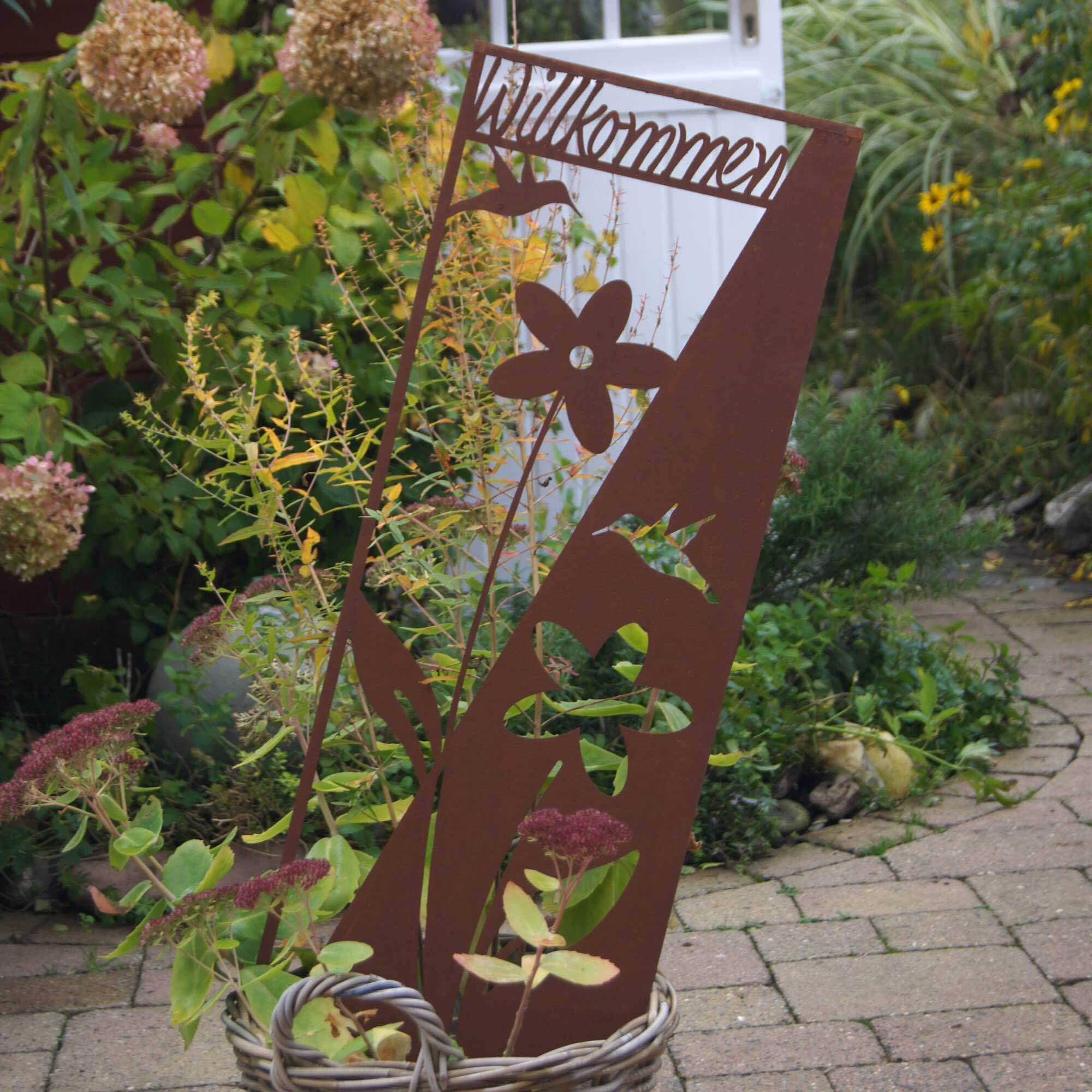 Plaque Déco Jardin Fleurs Style Rouillé - Piquet Métal 82,5cm - Décor Extérieur Résistant Intempéries