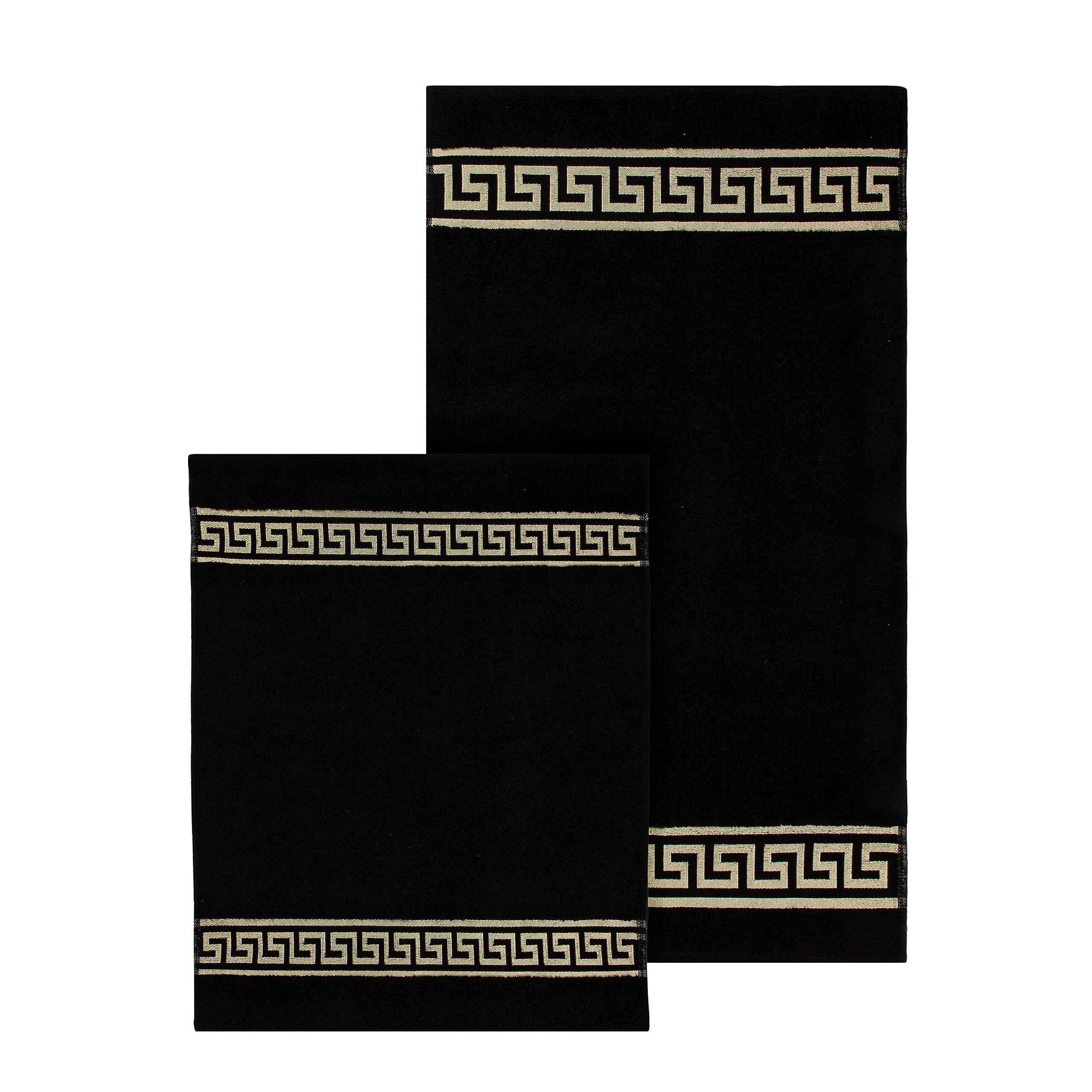 Alfombrilla de baño de algodón en color beige, negro, blanco, dorado, con diseño de meandros (negro, juego de 2 unidades – 50 x 90 + 50 x 60)