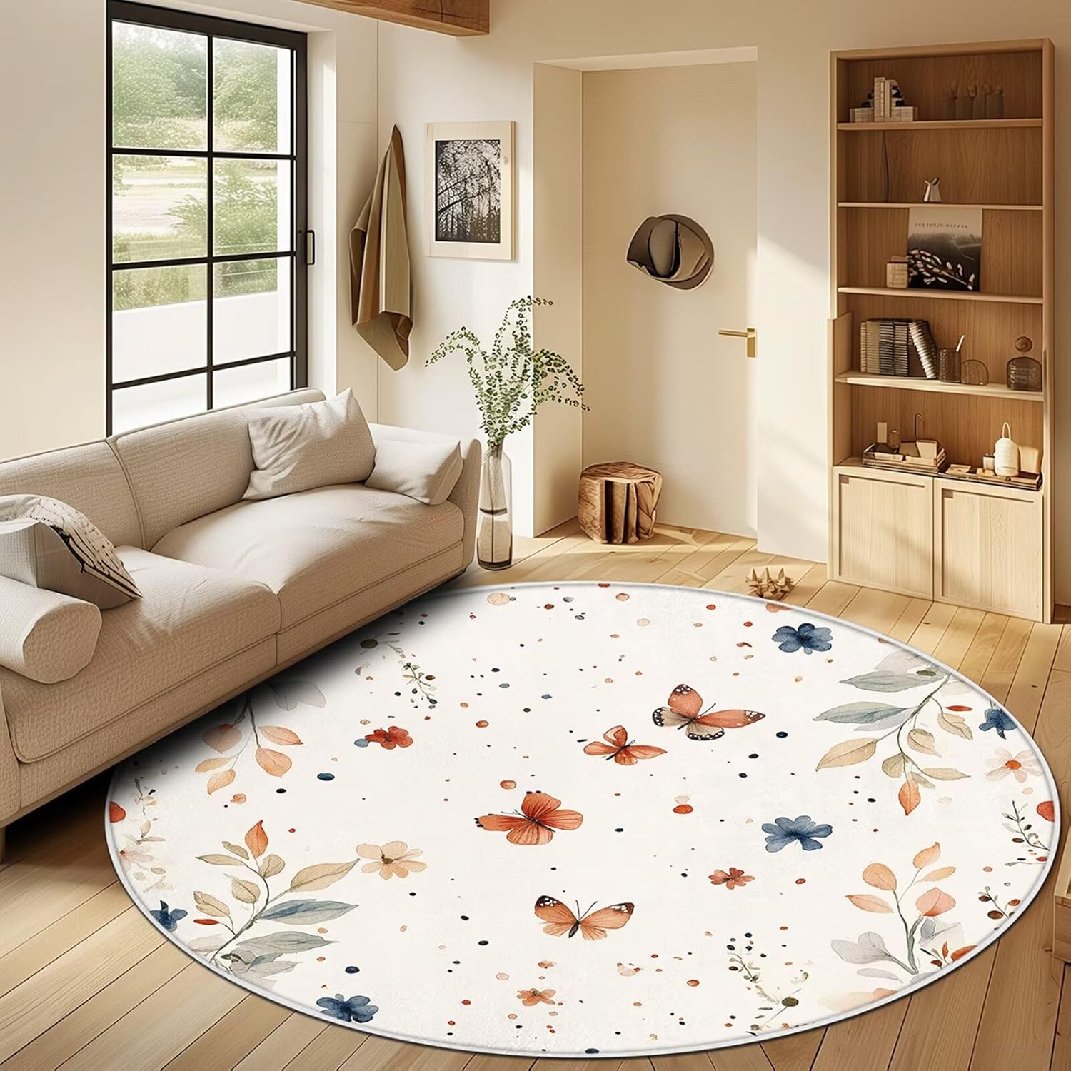 Butterfly Area Rug for Bedroom Living Room, Washable Soft Round Artificial Wool Kids Girls Carpet for Entryway Bedroom Living Room Laundry 4 Feet
