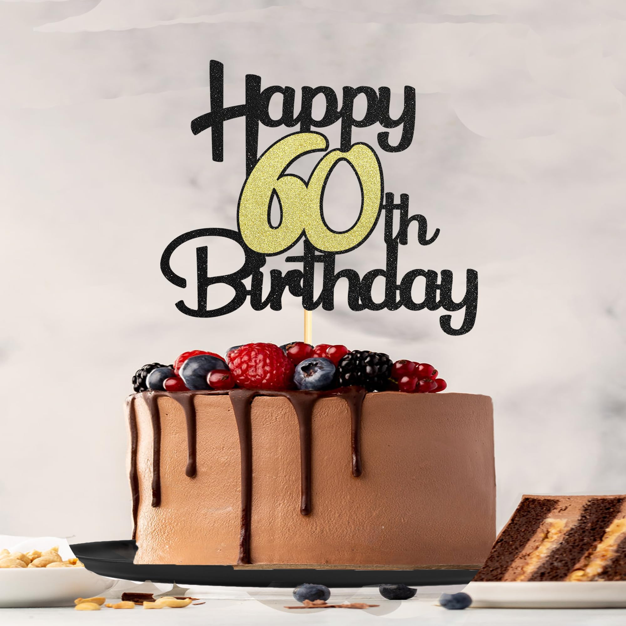 Veegood 60th Birthday Cake Topper - Black Glitter Sixty Cake Decoration For 60th Birthday Party