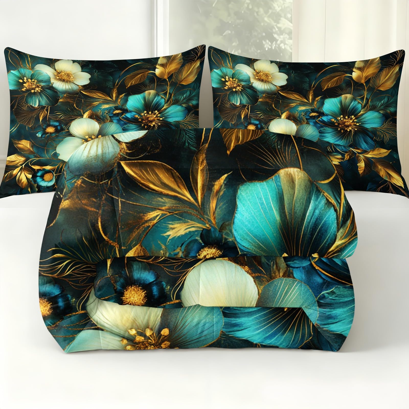 Edredón 200 x 200 cm 4 Estaciones Flores Sin Funda, 2 Fundas de Almohada Oro Verano e Invierno